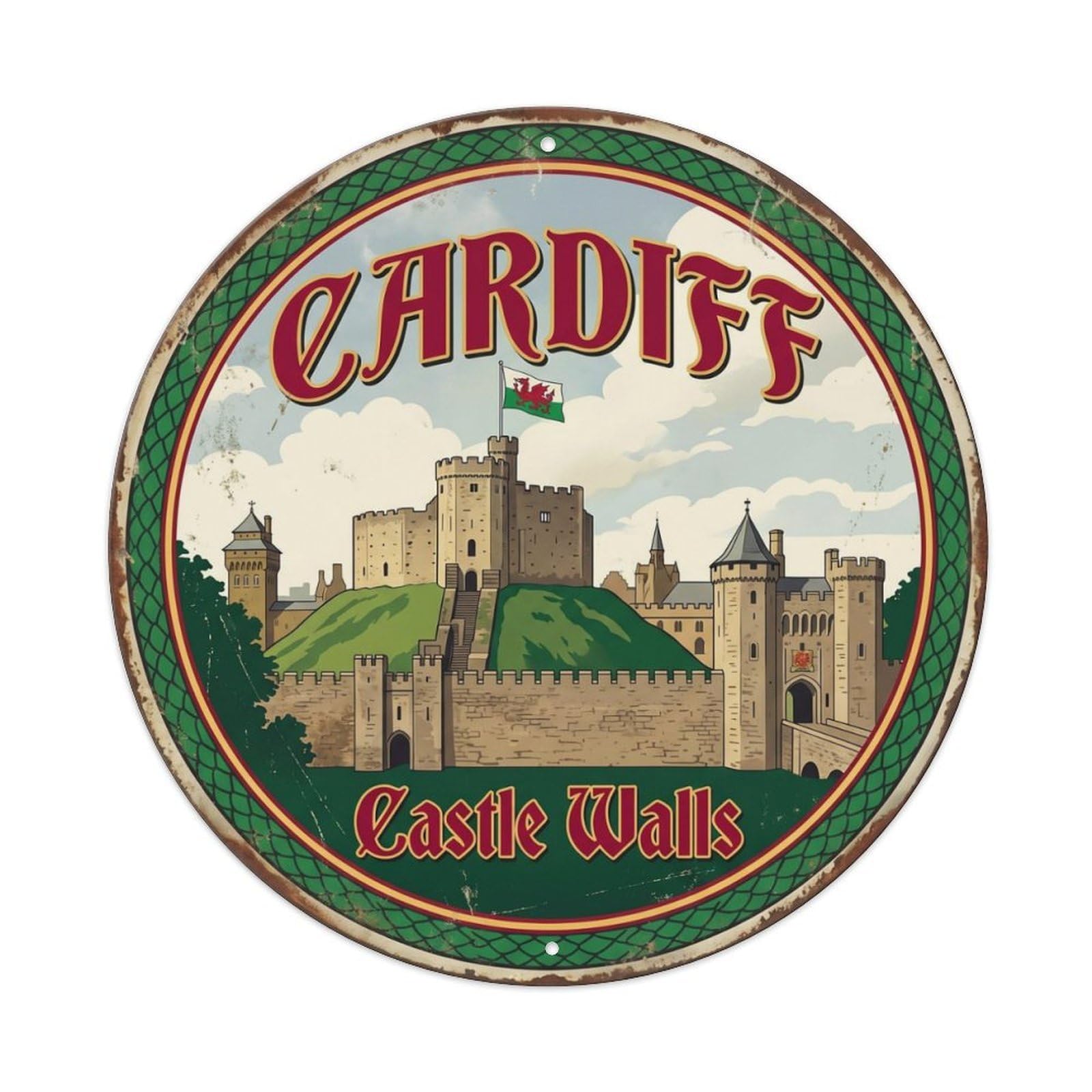 Vintage Travel Cardiff Fortress Wales Metal Tin Sign Plaque Wall Decor for Cafe, Club Bar, Office, Home Garden Round Metal Poster 8x8Inch