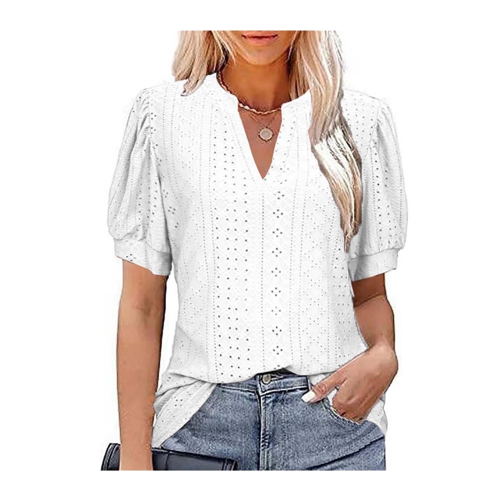 T-Shirt À Manches Courtes for Femmes Blouse Col en V Décontracté Été Solide Creux Bulle Manches Hauts Amples Tuniques for Dames T-Shirt Oversize (Color : White, Size : M)