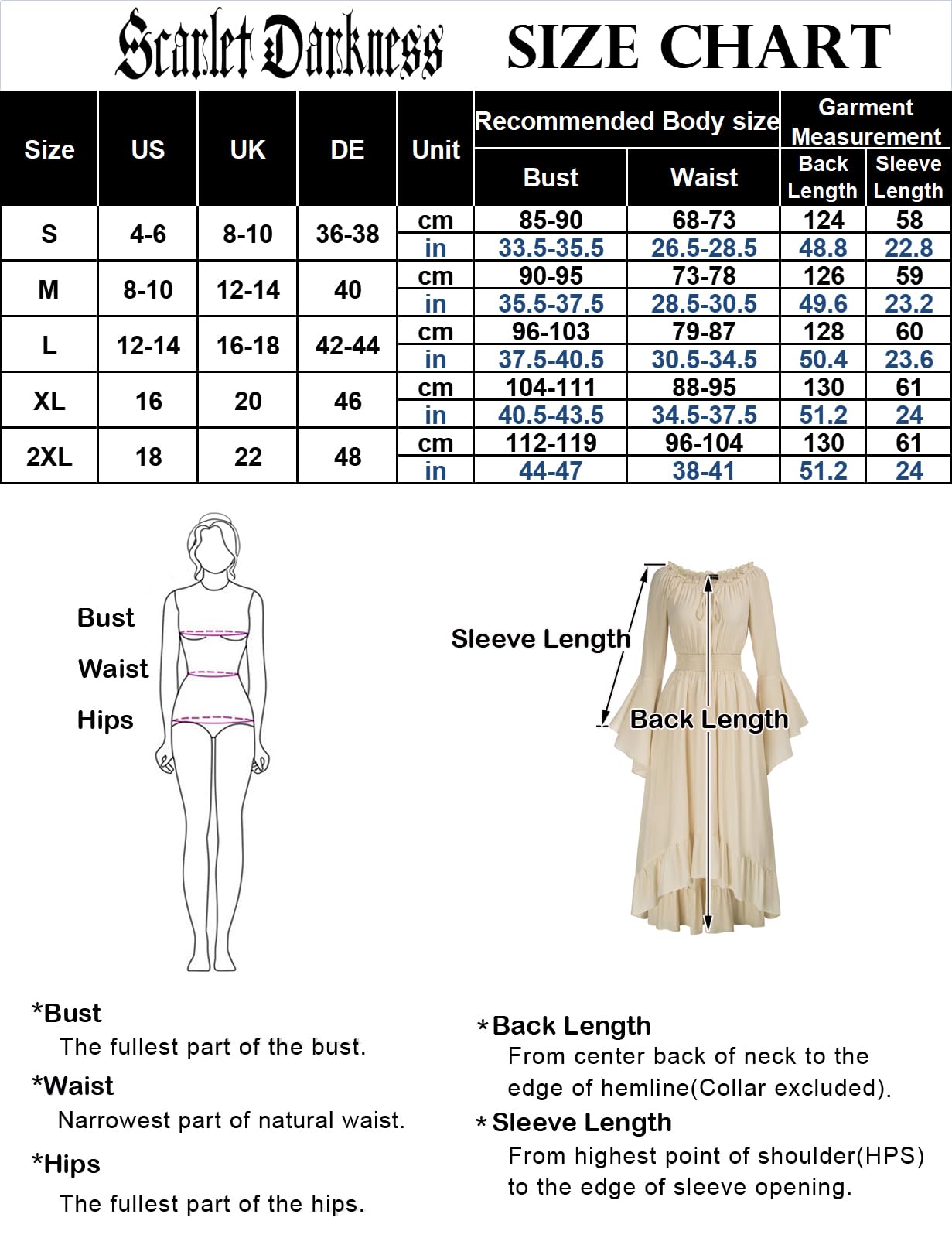 SCARLET DARKNESS Abito Vestito Lungo Donna Medievale Rinascimentale, Spalle Scoperte, Maniche Lunghe Svasate, Linea A