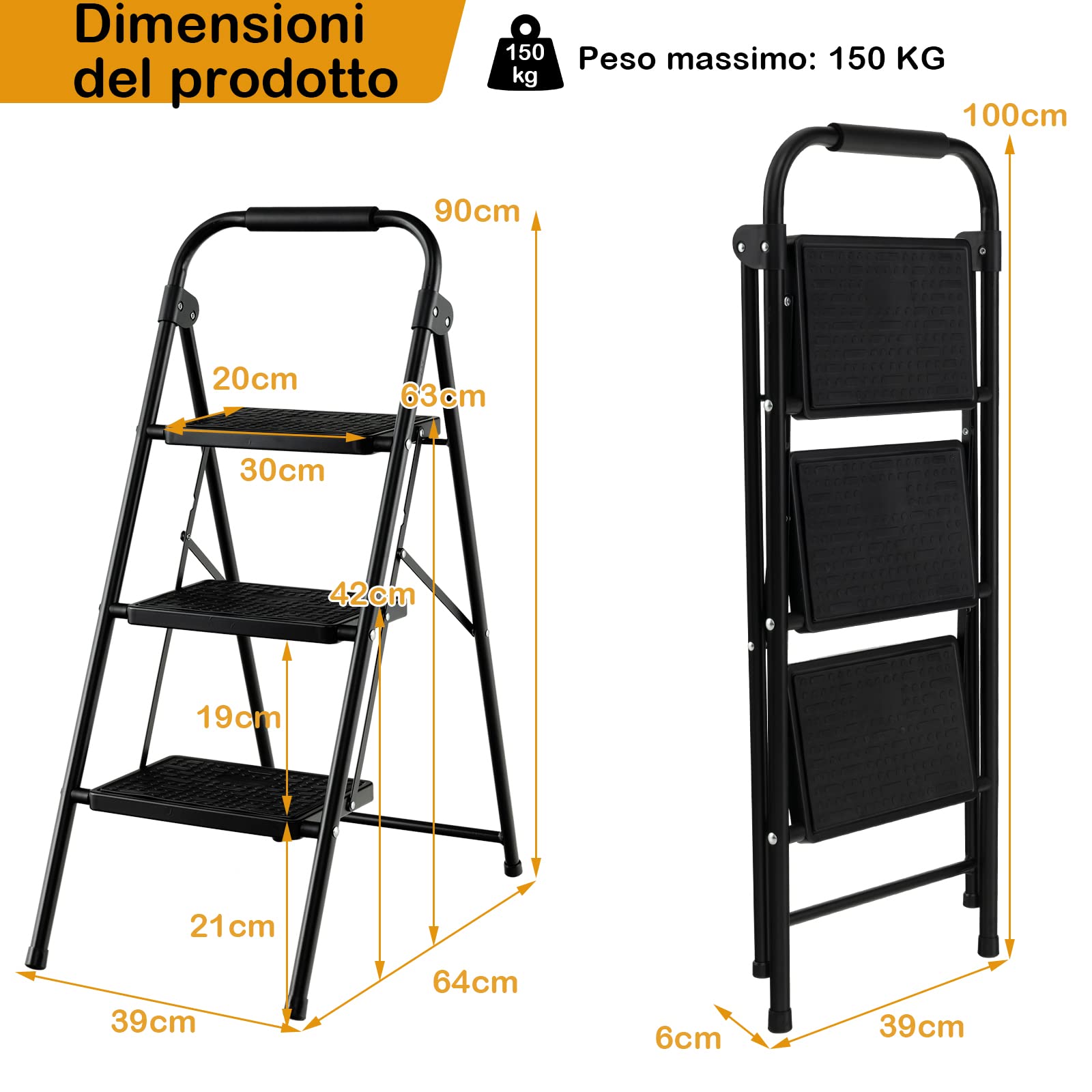 COSTWAY Scala Pieghevole a 3 Gradini con Corrimano in Metallo | Scaletta Pieghevole con Ampio Pedale, Piedi Antiscivolo, Carico 265kg, Nero