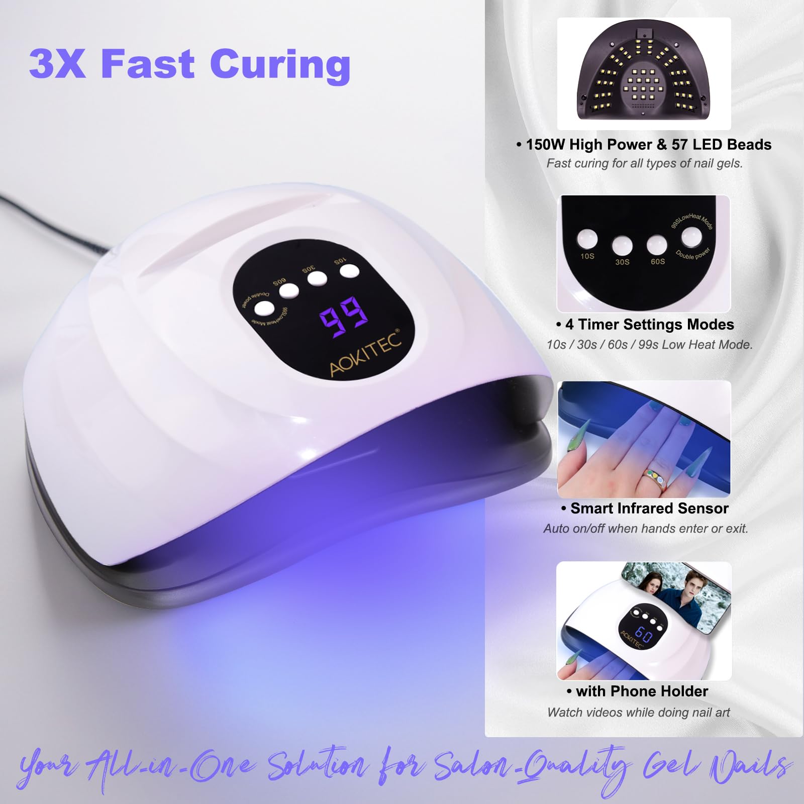Aokitec UV Lamps for Gel Nails with Phone Holder 150W UV LED Nail Lamp UV Light Nail Dryer for All Types of Nail Art - Image 2