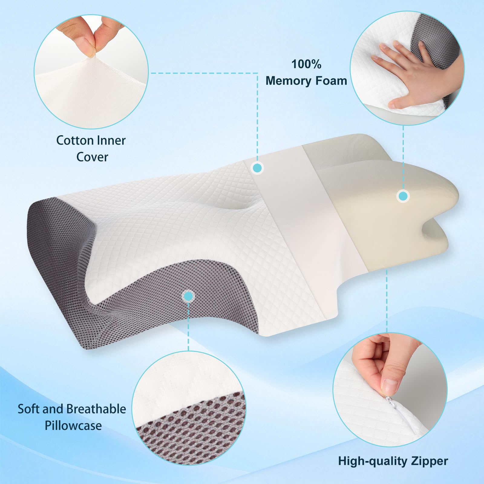 Cozary Cuscino Memory Foam Cervicale Per Dormire Cuscino Ortopedico Regolabile in due altezze Federa Sfoderabile e Lavabile Grigio Adatto a tutti i tipi di sonno 62X37X8/12cm