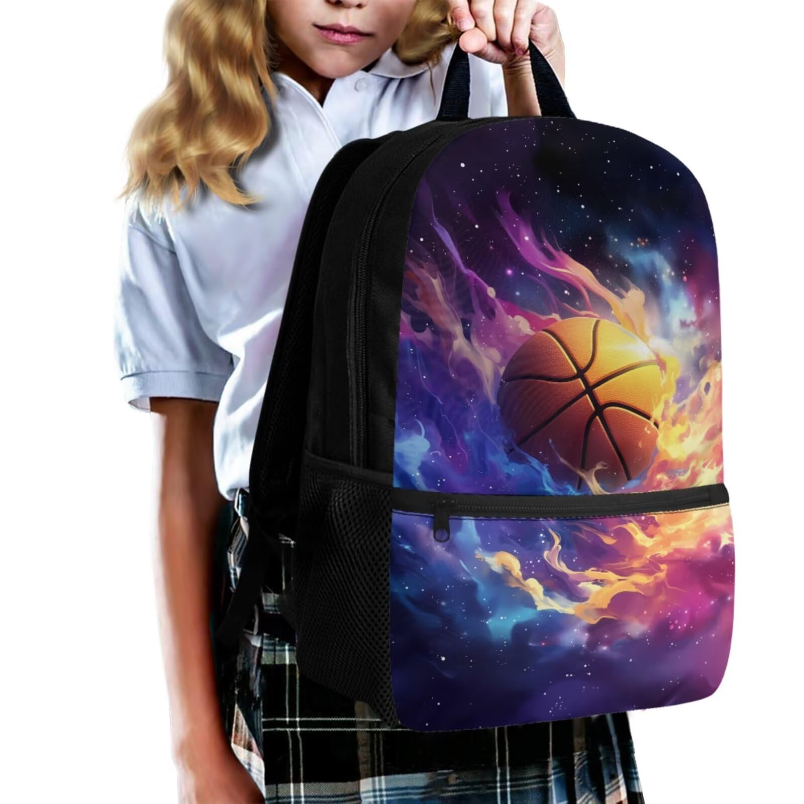 5-teiliges Schulrucksack-Set mit Lunchtasche, Stifttasche, 2-teiliges Lesezeichen für Grundschulkinder, Galaxy-Basketball, Modern