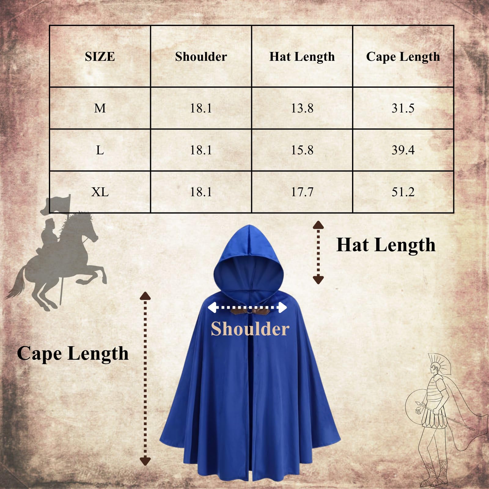 RRCBMD Mens Renaissance Medieval Hooded Cloak Victorian Steampunk Costume Cosplay Royal Blue-130CM - Image 3