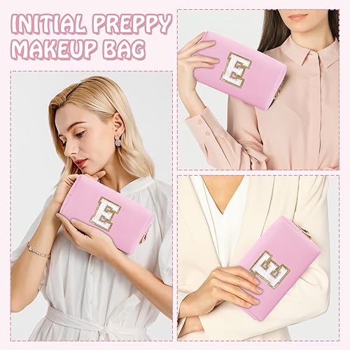 Miniatura 5 de Biileen Bolsa de maquillaje preppy inicial personalizada Pequeña bolsa de carta de chenilla de viaje linda, Rosado