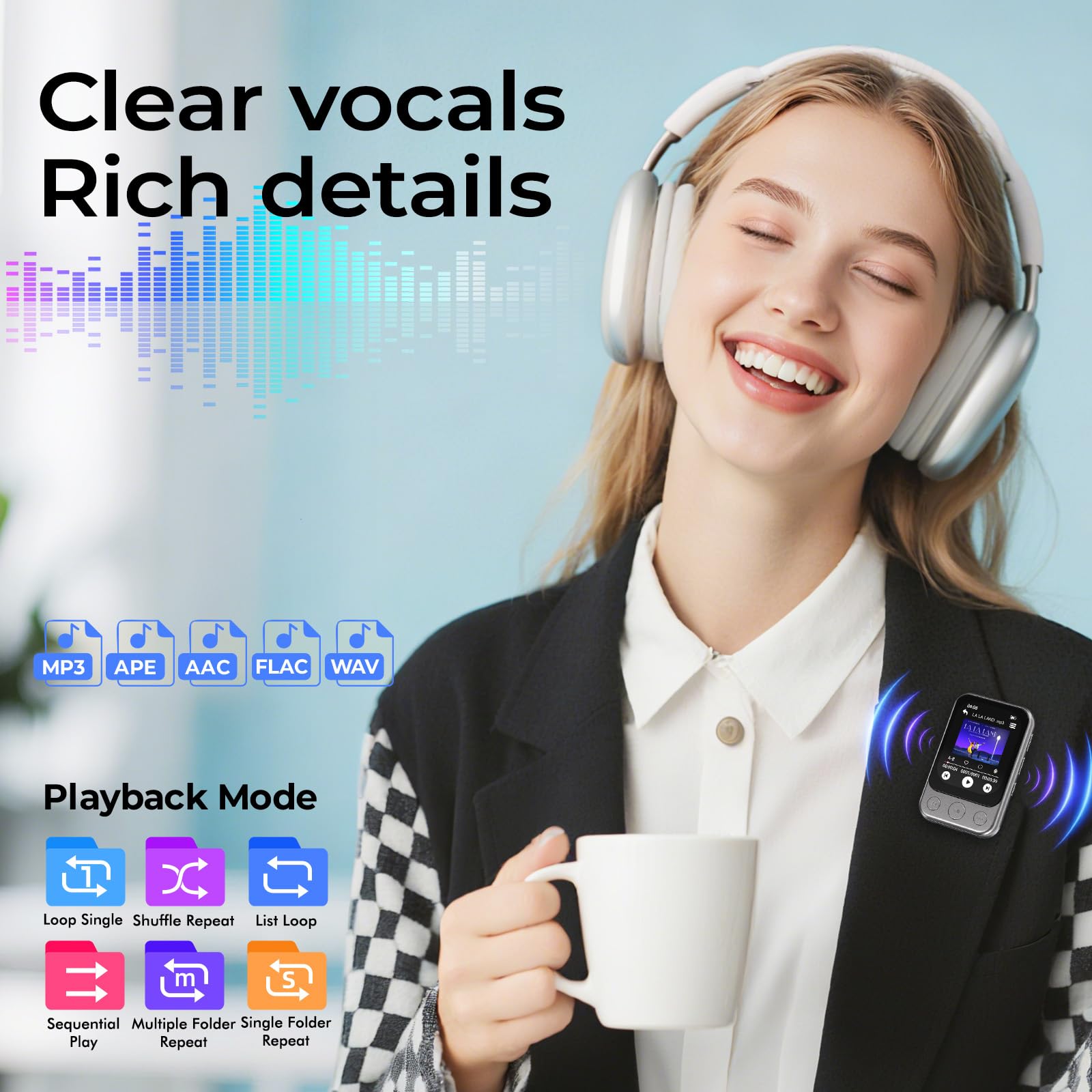 64GB Lettore MP3 Bluetooth 5.3 con Clip e Altoparlante, Lettore Musicale Sportivo con Touchscreen e Tasti, Controllo Volume Indipendente, Radio FM, Registrazione Vocale, Espandibile fino a 128GB | Musica senza smartphone, leggero da 37 g, facile da usare,