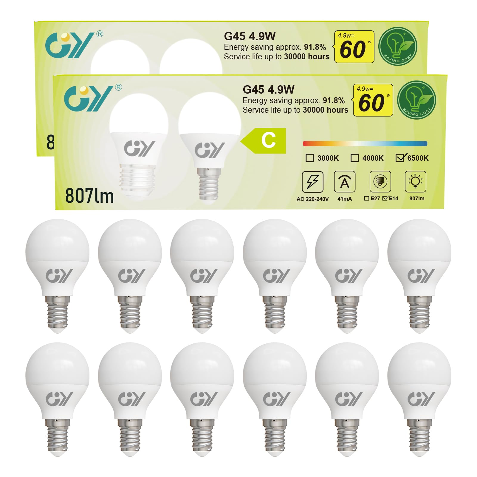 GY Lampadine LED E14, 4.9W (equivalenti a 60W), Lampadine LED Attacco Piccolo G45, 6500K Luce Fredda, 807 Lumen, Lampadine Risparmio Energetico Bianco Freddo, Certificazione CE, 12 Pezzi