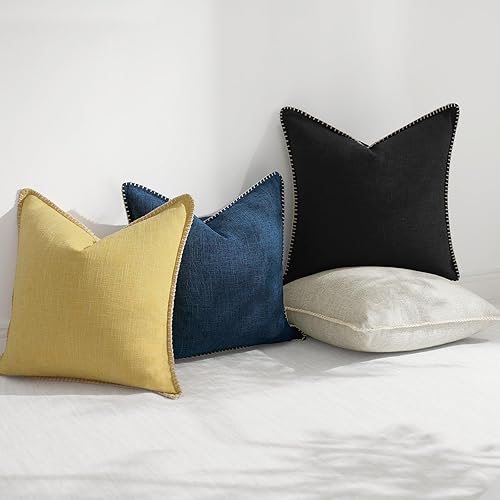 Miniatura 7 de decorUhome Juego de 2 fundas de almohada decorativas para exteriores de 22 x 22 pulgadas, fundas cuadradas de lino con borde cosido, fundas rústicas