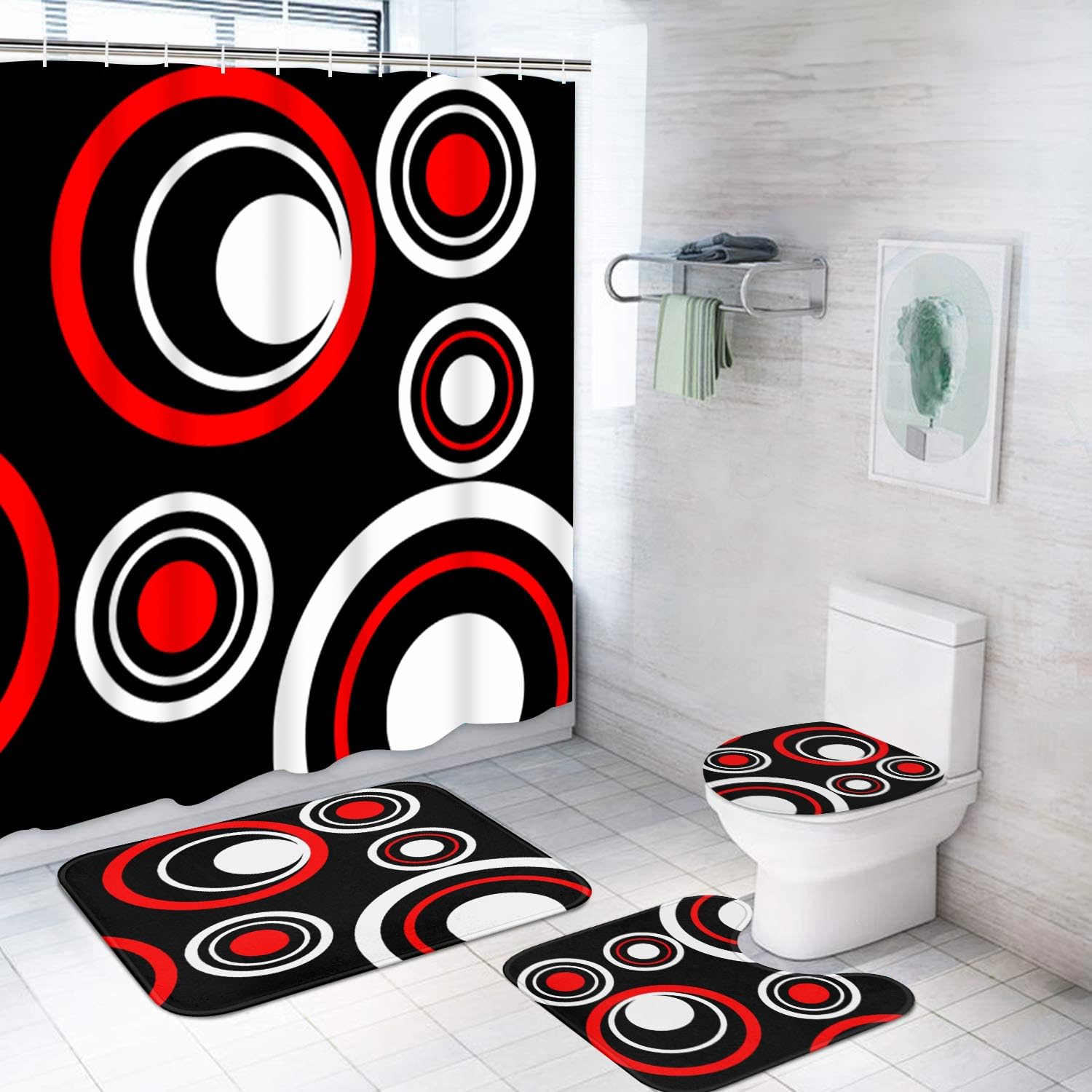 ArtSocket 4PC Shower Curtain Set with Rugs, Red and Black Geometric Circle Bathroom Set with Non-Slip Rug, Toilet Lid Cover, Bath Mat and 12 Hooks