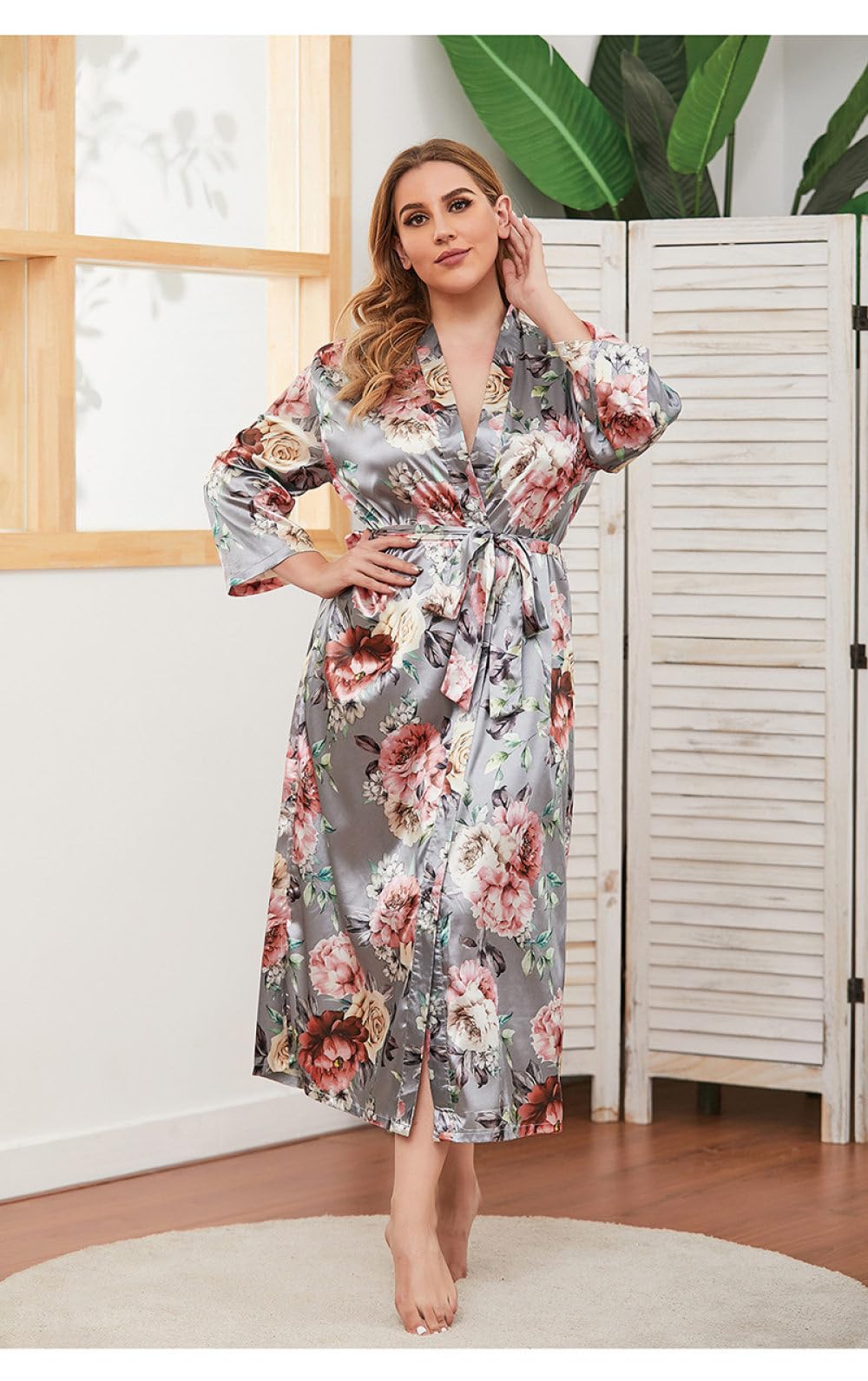 Robes en Satin pour Femmes Kimono Chemise de Nuit Grande Taille Soyeuse Robe de Chambre Sexy Longue Peignoir Floral Confortable Homewear Chemise de Nuit Pyjama de Luxe