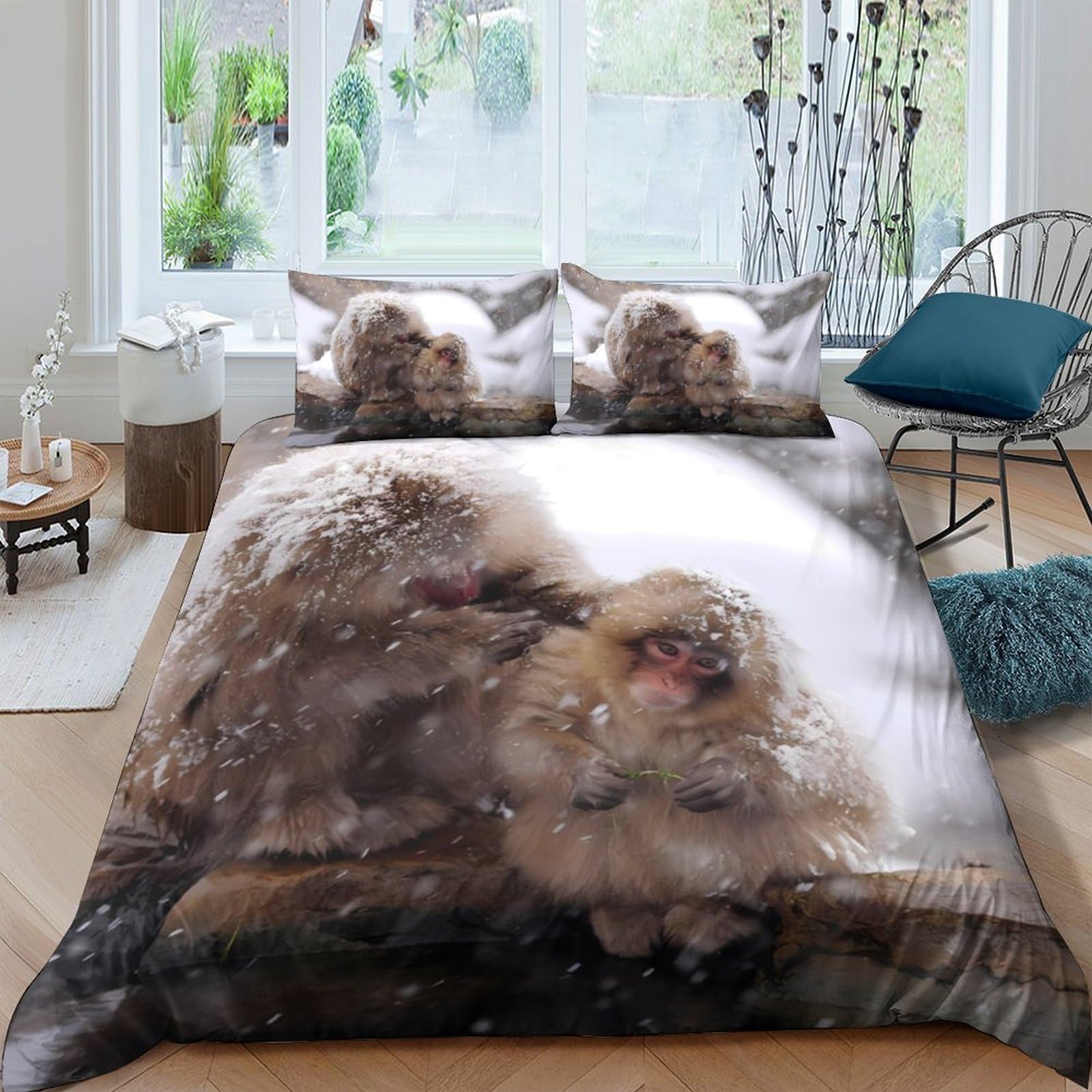 Ctjqhvkz Style-1 3D Printed Snow Monkey Fitted Sheet Microfiber Soft Breathable Forest Winter Bed Sheet For Bedroom Guest Room Decor Single（135X200cm）