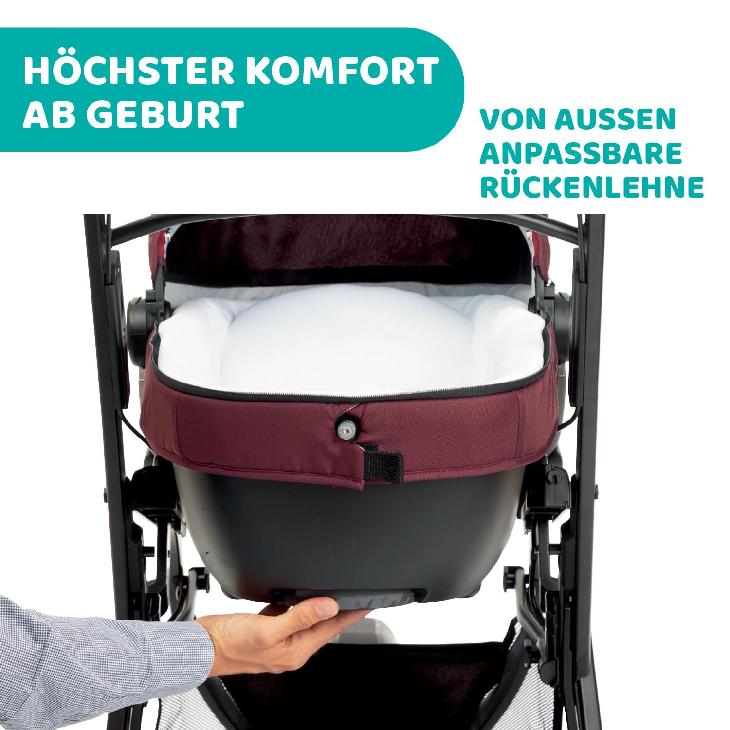 Chicco Nacelle Activ3, grande nacelle rembourrée pour poussette Activ3, avec système de ventilation, dossier inclinable, pour les premiers jours de vie de bébé, Burgundy Powder