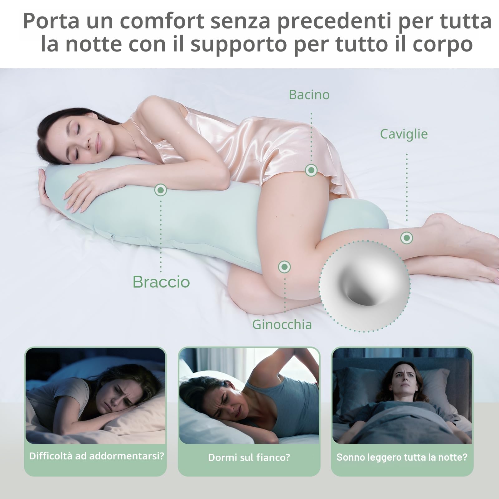 Cuscino per Dormire Laterale, Cuscino Allattamento Ipoallergenico ed Ergonomico, Cuscino Lungo Per Gravidanza e Sostenere la Maternità, Cuscini Corpo