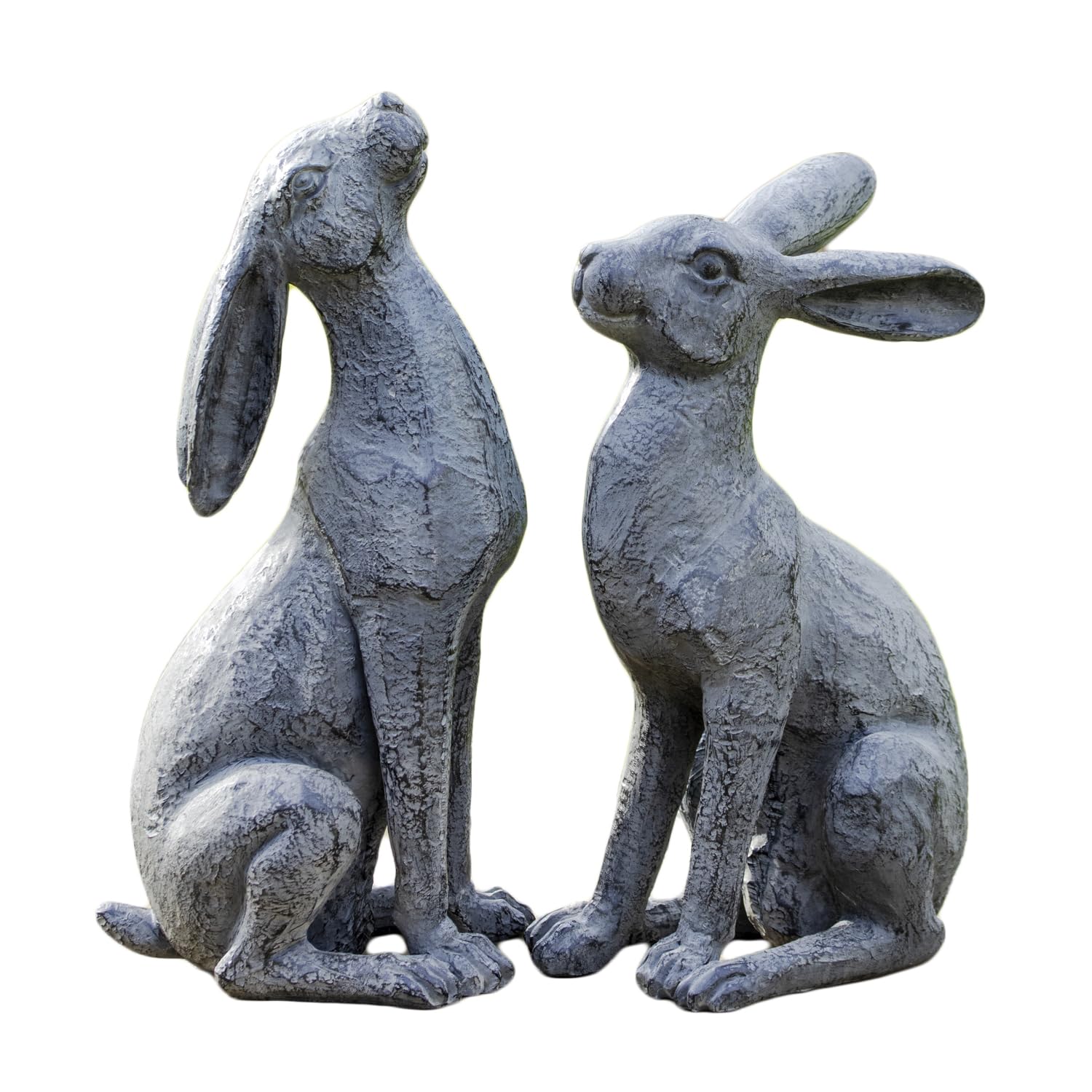 Darthome Antique Grey Garden Hare Ornaments Set of 2, Moongazing and Alert Resin Animal Statues, 38cm and 36cm Height