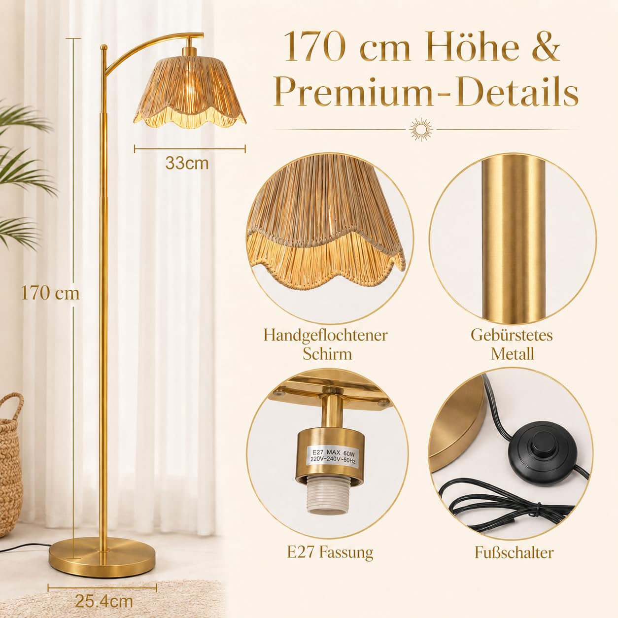 Stehlampe Wohnzimmer Boho, Raffia Lampenschirm in Blütenform, Dimmbar mit Fernbedienung, Timer, 3 Lichtmodi und Speicherfunktion, Gold Bogenlampe Fußschalter für Schlafzimmer & Büro, H170cm