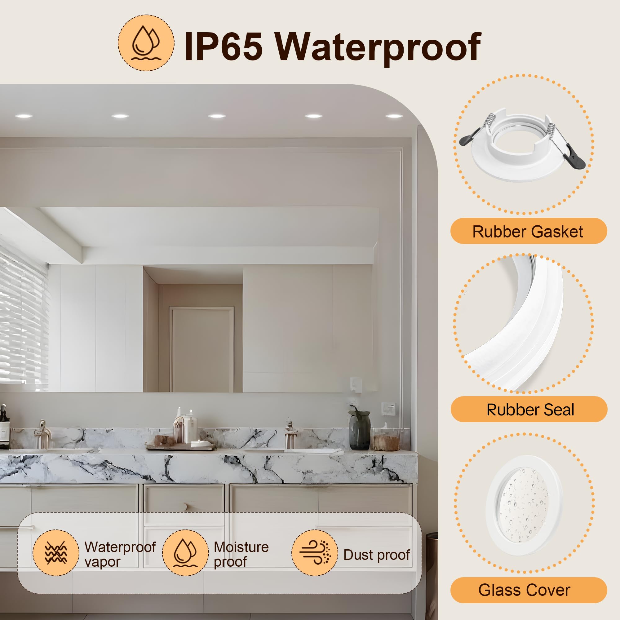 6 x Marco Foco Empotrable GU10 IP65, Apertura 58-75mm Marco Ojos de Buey LED para Techo Incl. Portalámparas GU10, Redondo Aluminio Downlight LED Techo Empotrable, Blanco