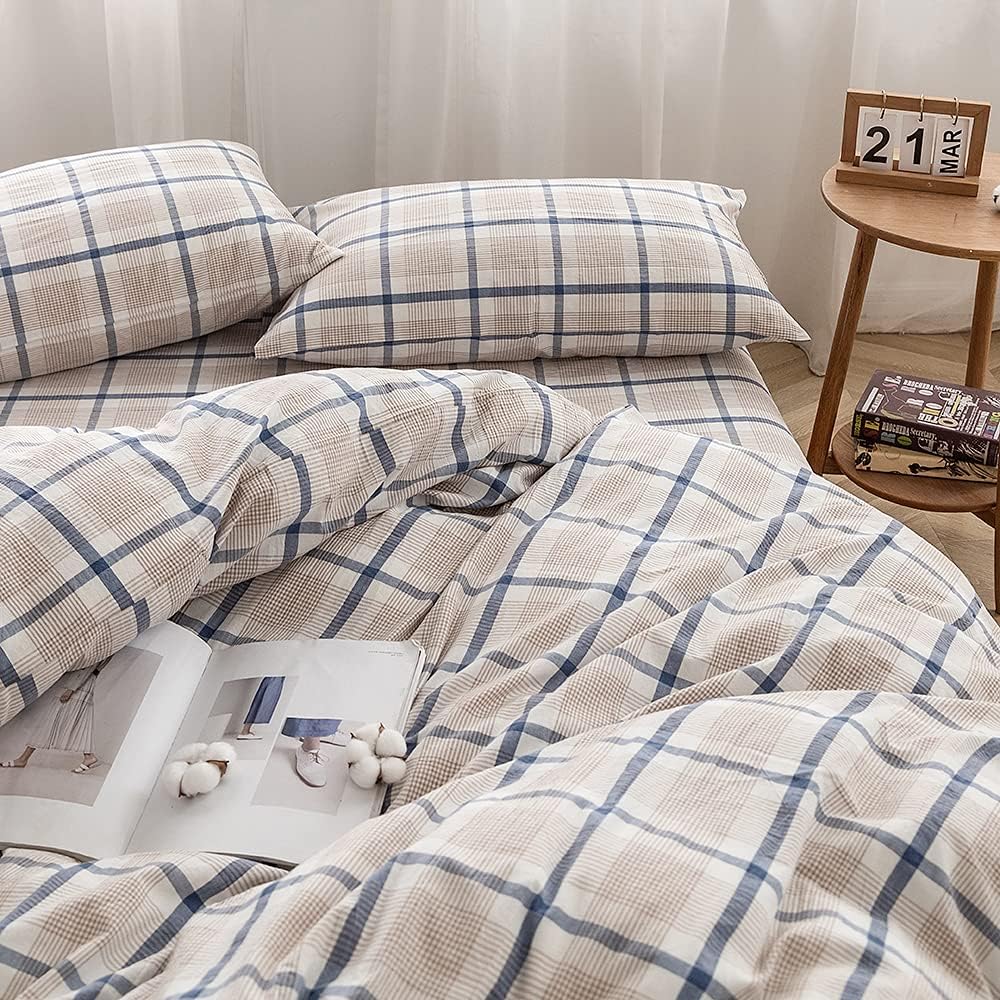 FACE TWO FACE Bedding Duvet Cover Set 2 Pieces 100% Washed Cotton Duvet Cover Linen Like Textured Breathable Durable Soft Comfy (Twin, Blue Grid)