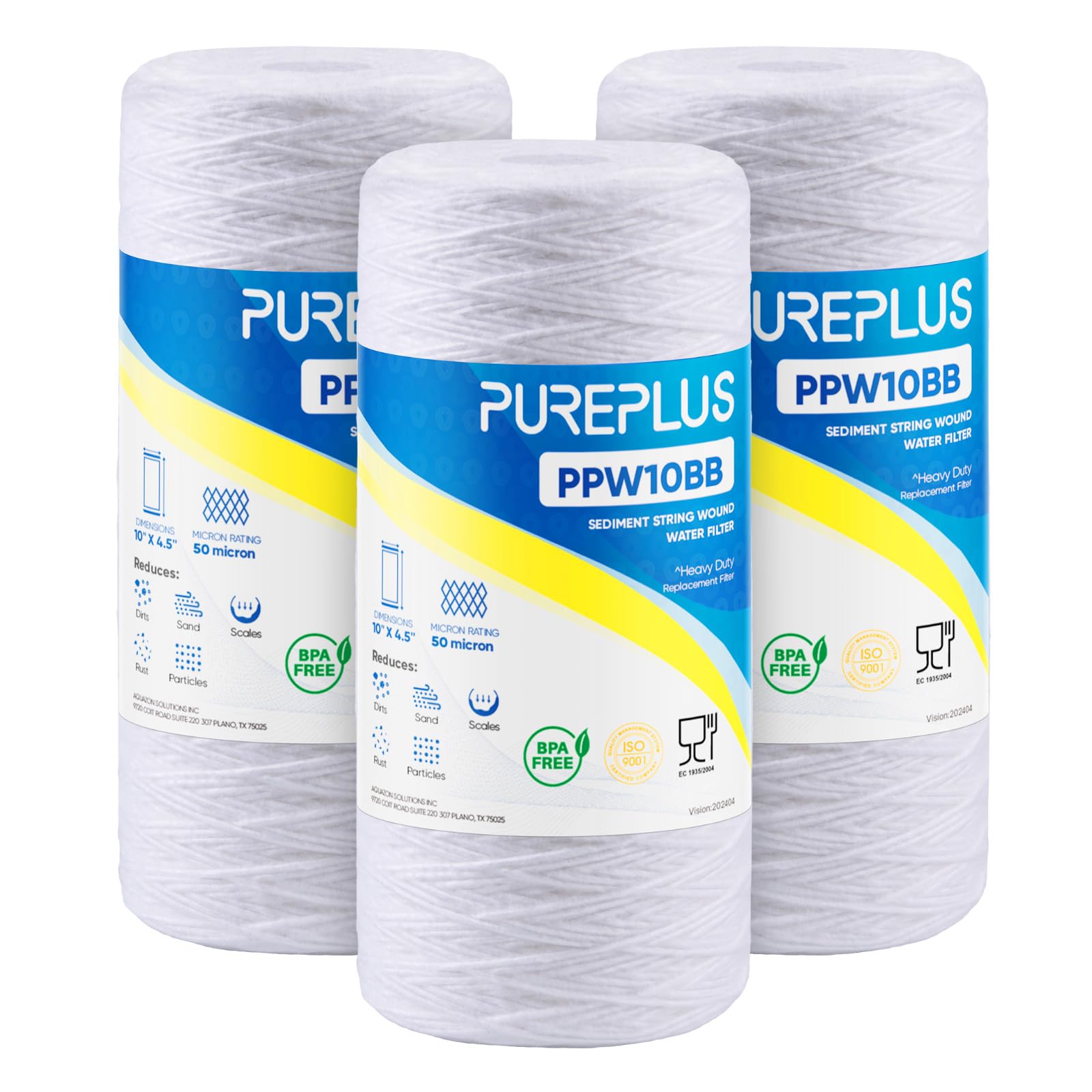 PUREPLUS 50 Micron 10 x 4.5 Whole House Water Filter for Well Water 3 Pack