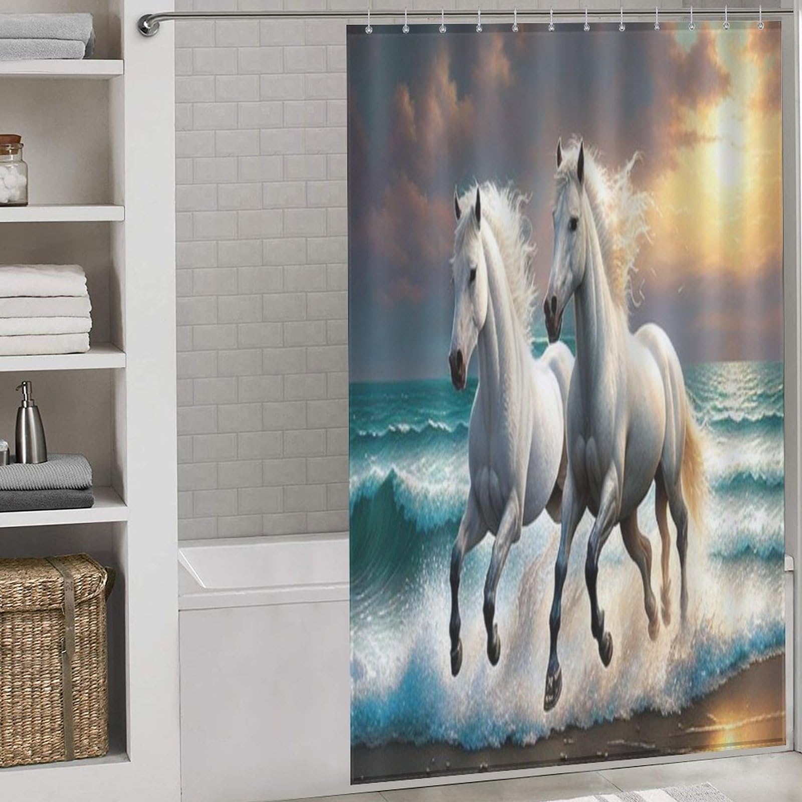 Rideau de douche cheval polyester lavable en machine avec 12 crochets 140x183
