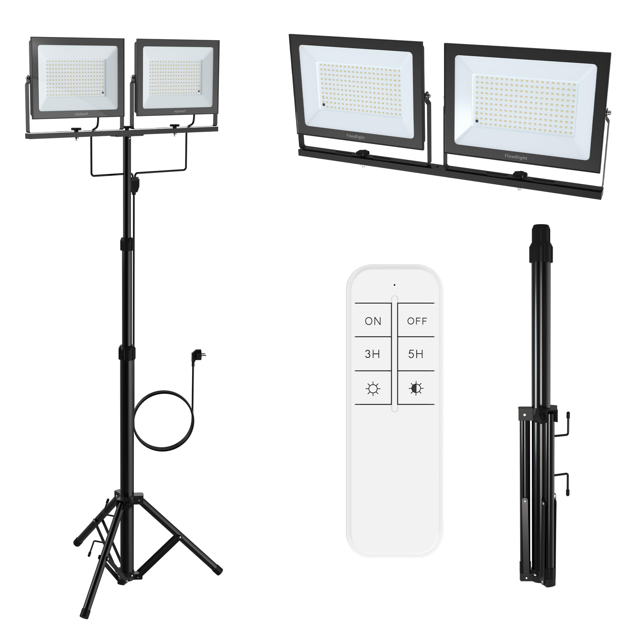 XMTECH LED Baustrahler 2×200W mit Teleskop-Stativ, IP66, 2 Fluter, Fernbedienung, dimmbar, 6000–6500K, 120° Abstrahlwinkel, 220V, flimmerfrei, robust für Baustelle, Garage, Außenbeleuchtung
