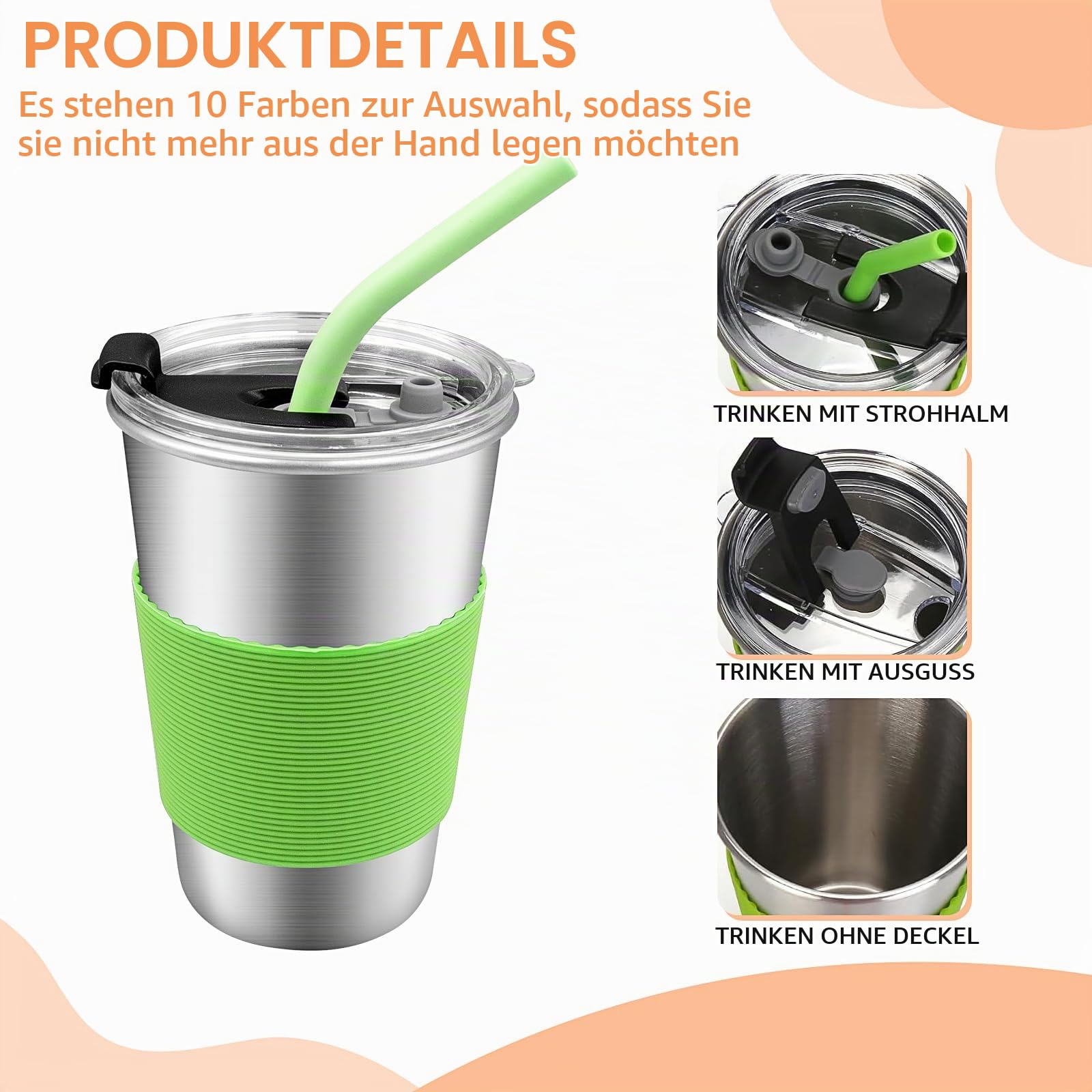 10 Stück Edelstahl Trinkbecher mit Deckel und Silikonstrohhalmen, 500 ml Kinder Edelstahl Trinkbecher, Trinkbecher mit Deckel für Schulanfang, Alltag, Büro und Zuhause