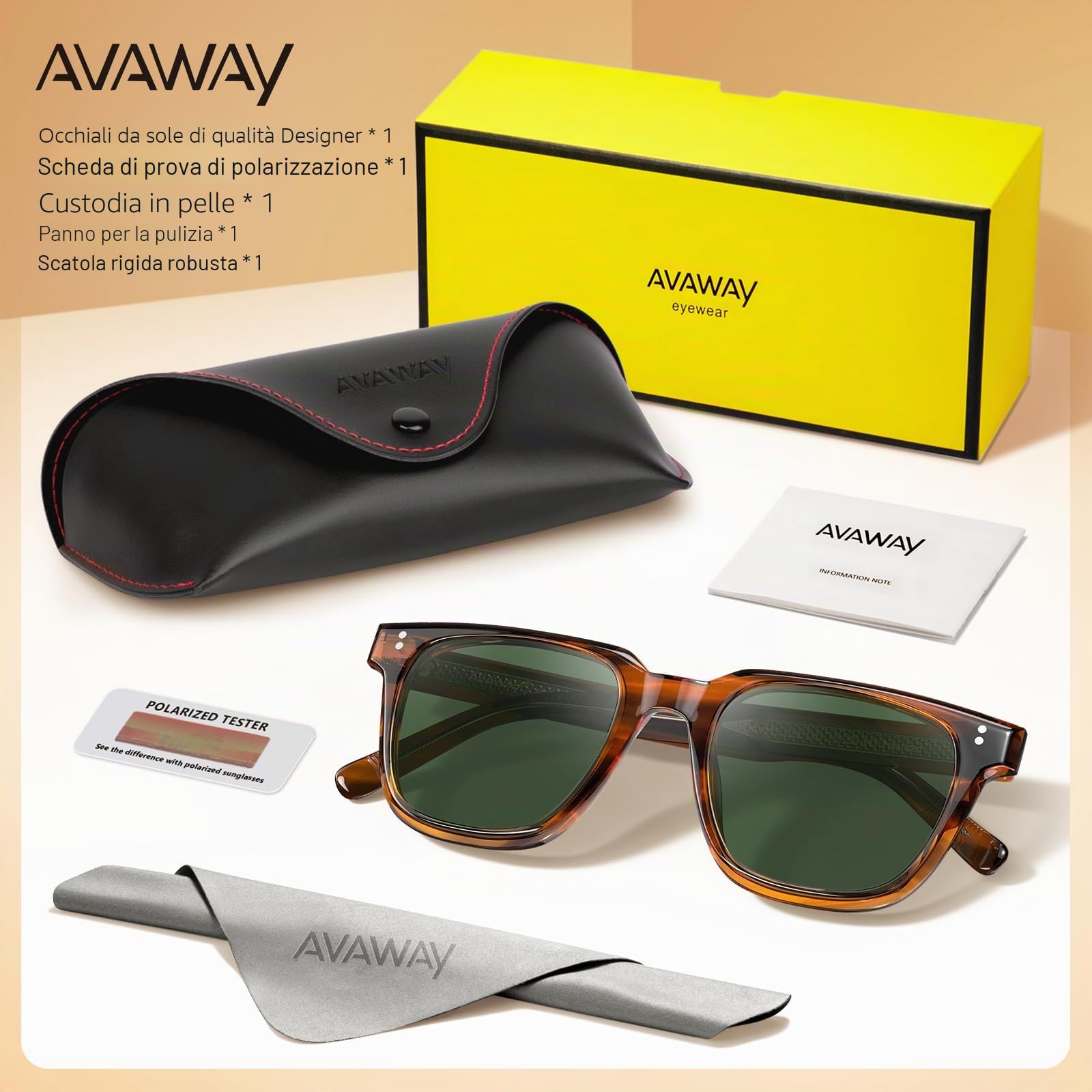 AVAWAY Moda Occhiali da sole Polarizzati da Uomo Protezione UV Retro Vintage Montatura in Acetato Occhiali Quadrati per la Guida e la Pesca