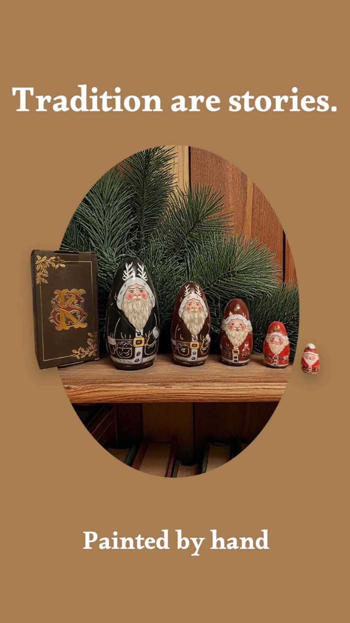Traditionelles großes handgefertigtes Holzspielzeug für Weihnachten, Babuschka, Matroschka, Krampus, gruselige Krippe, Weihnachtsmann, 5-teiliges russisches Niststapel-Set