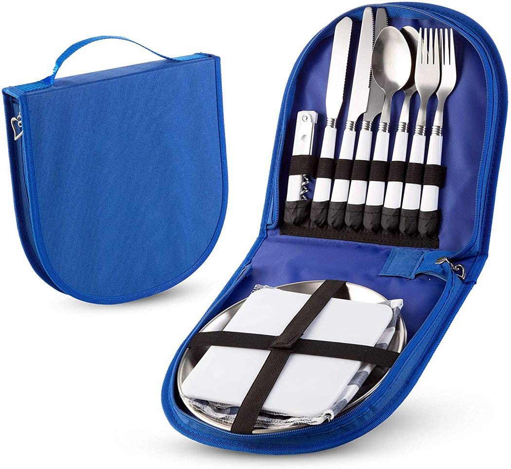 Fayruz Camping Silverware Kit Cutlery Organizer Utensil Picnic Set - 12 Piece Mess Kit for 2 - Camp Kitchen BBQ’s. (blue)