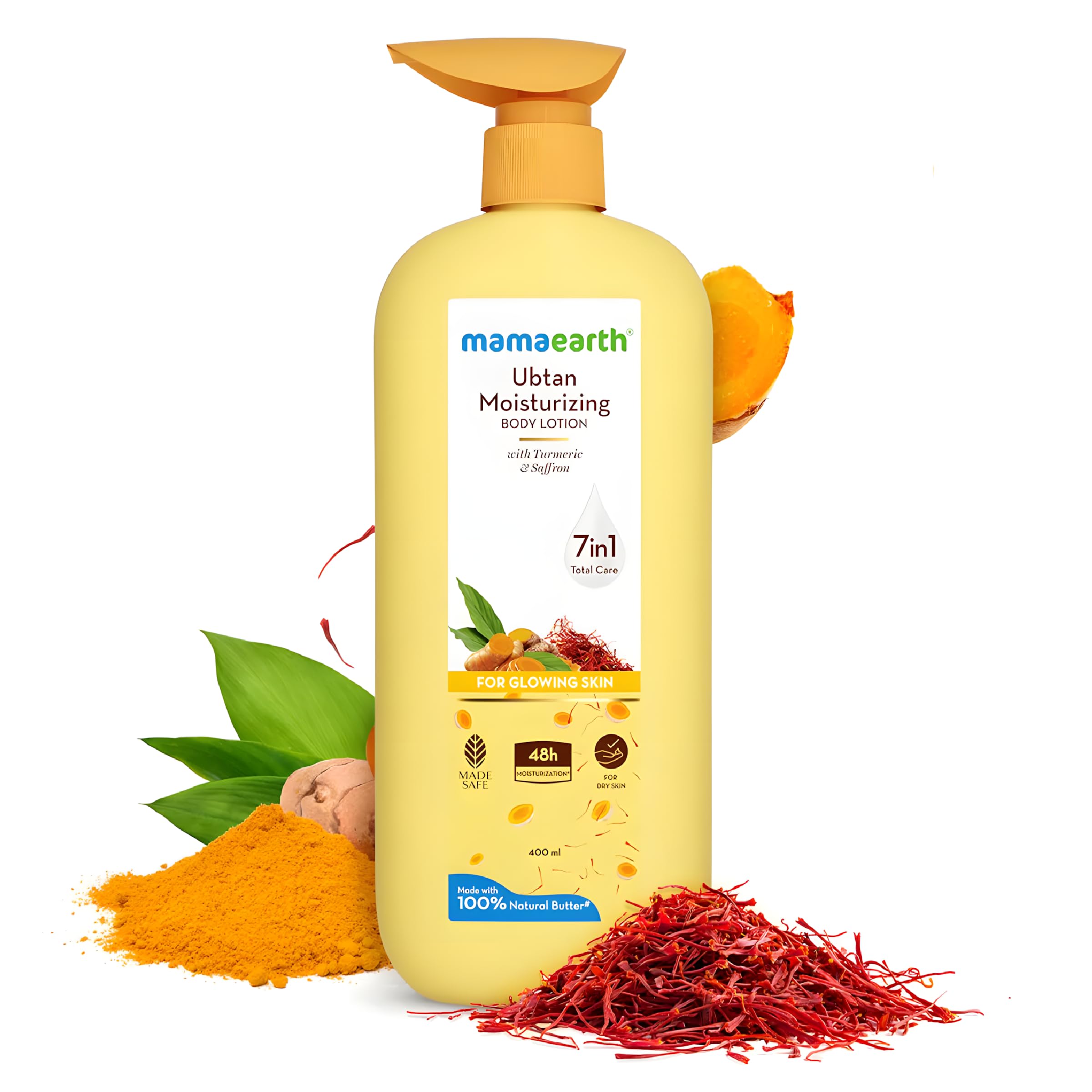 MAMAEARTHUbtan Moisturizing Body Lotion with Turmeric & Saffron for Glowing Skin 400 ml | 48H Moisturization | Nourishes Dry Skin | 7in1 Total Care | 100% Natural Butter | Non-Greasy Smooth Skin