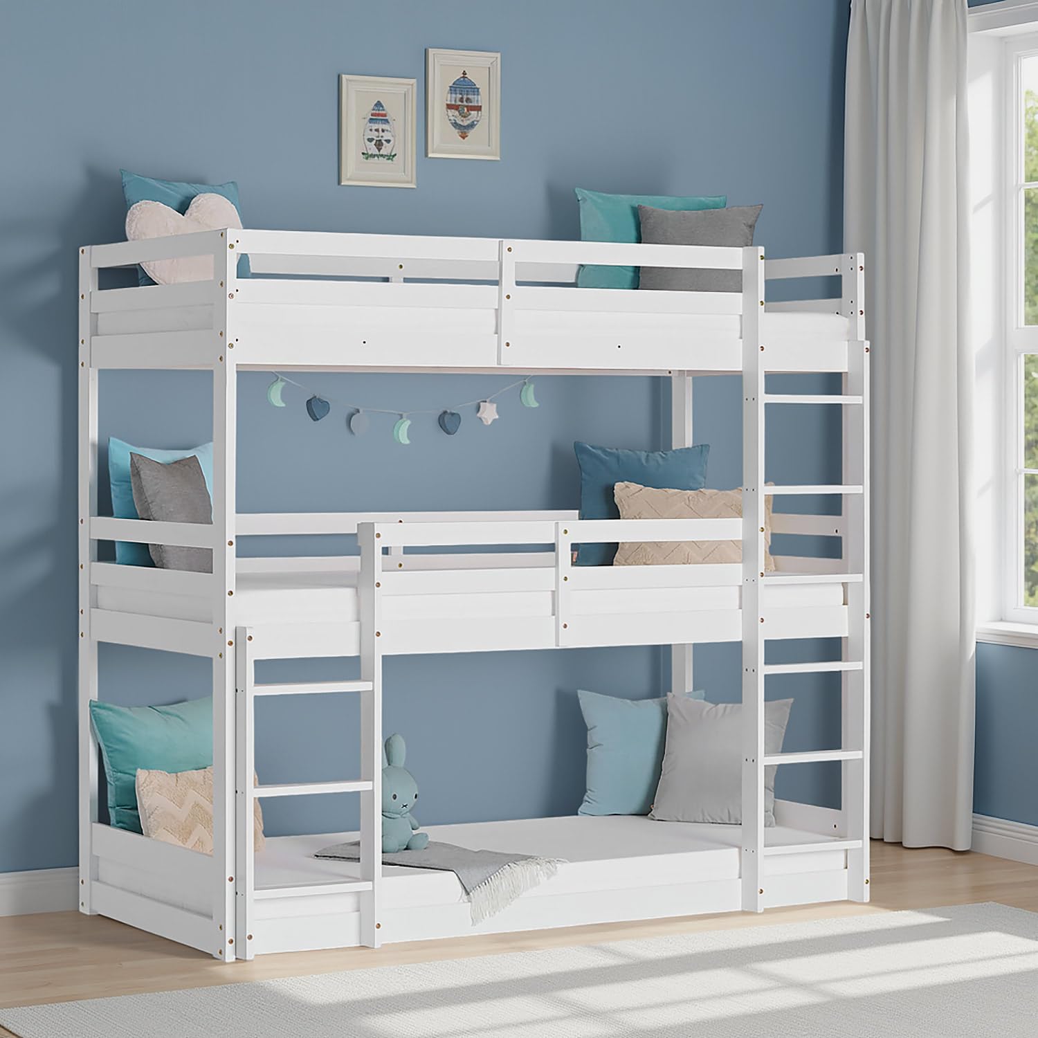 Homestyle4u Dreifach Etagenbett 90x200 cm - Weißes Massivholz Hochbett | Stockbett für 3 Personen aus Kiefer - Inklusive Lattenrost & Leitern - Platzsparendes Kinderbett für 3 Kinder