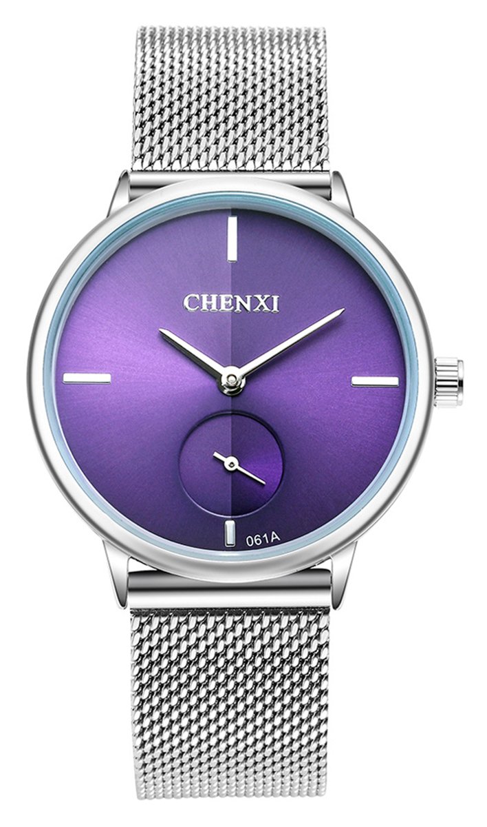 Reloj de pulsera con correa de malla tejida de acero inoxidable plateado para mujer, diseño simple, pantalla analógica, reloj de cuarzo, Púrpura, Reloj de cuarzo