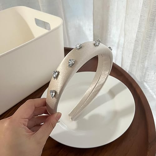 Miniatura 7 de AHONEY Diadema blanca acolchada para mujer, diadema gruesa blanca, bandas elegantes para el cabello de las mujeres de los años 70, diadema adornada,