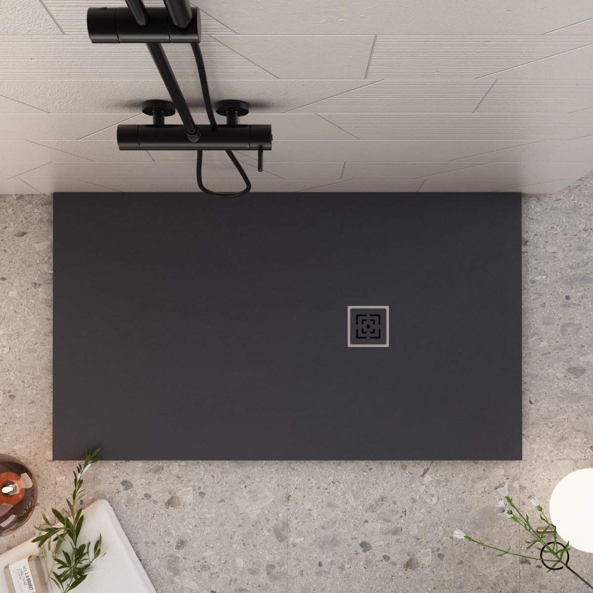 Luminosa ArredoBagno Plato de ducha Mineralmarmo 75 x 190 cm, efecto piedra antideslizante con helcoat, modelo Roma negro, rejilla y desagüe incluidos