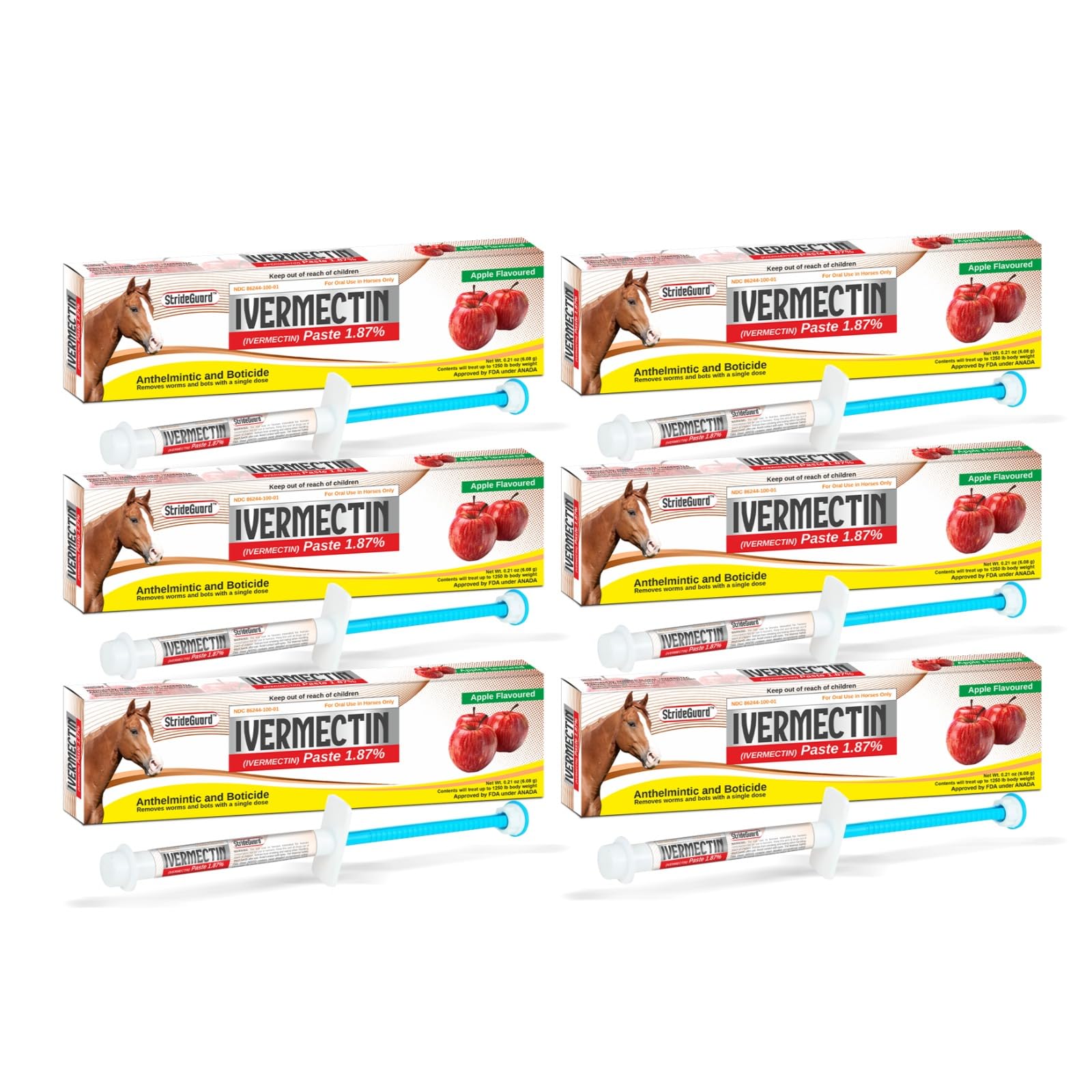 Horse Ivermectin Paste 1.87% – Apple Flavored Oral Horse Dewormer Syringe – 6.08g Tube Treats Horses Up to 1250 LB [Pack-6]