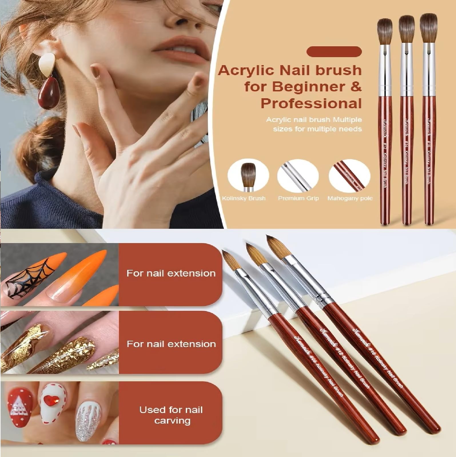Kolinsky Acrylic Nail Brush KEMEISI (Size 8 Red) - Image 2