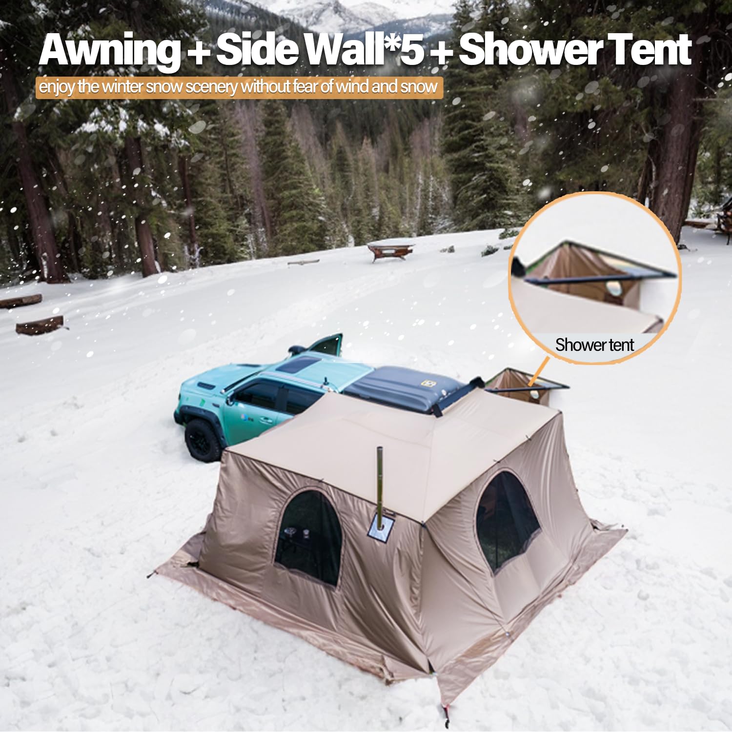 270° Car Mounted Awning with Shower Tent – 12m², Camping Tent Fits 6+ People, Lightweight (16kg), Rear Mounted – Perfect for Overlanding and Camping(Awning+Shower+Side Wall*5+TPU*2 / Left)