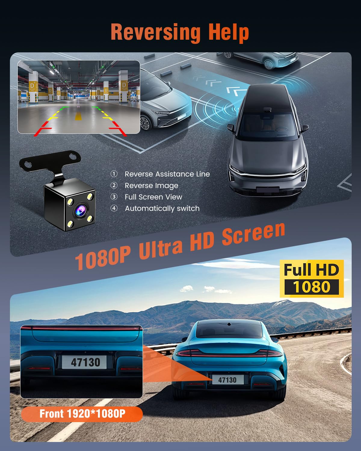 Hikity 360°Dash CAM Coche con Tarjeta SD 64G,4 Cámaras Pantalla IPS de 3 Pulgadas Cámara para Coche,Dashcam Coche 1080P,Sensor G, Visión Nocturna,Ayuda Inversa,Grabación en Bucle