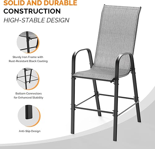 Miniatura 4 de VINGLI Juego de 4 taburetes de bar apilables para exteriores, sillas tipo honda con respaldo alto y reposabrazos, para césped, jardín, bar, gris
