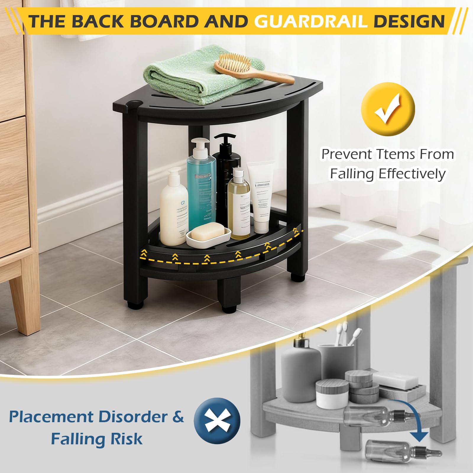 Taburete de ducha de esquina de polietileno de alta densidad para afeitarse las piernas, taburete de ducha impermeable con estante de almacenamiento para baño, color negro