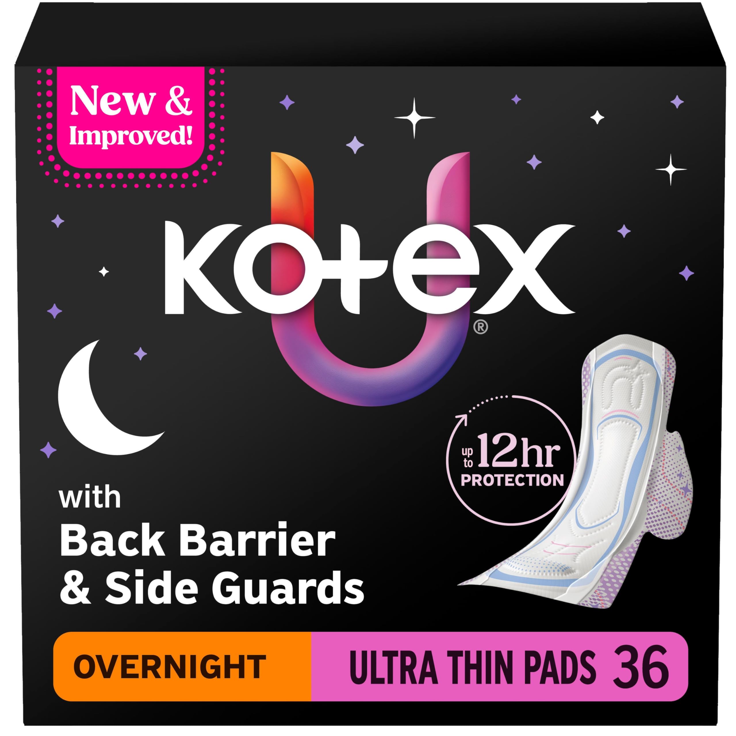 Kotex Ultra Thin Overnight Pads with Wings, Heavy Absorbency, 36 Count (Packaging May Vary)