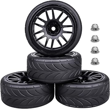 Preglued 1/10 RC Touring Wheels Tires Set 12mm Hex with Foam Inserts Compatible with Tamiya TT02 TT01 Traxxas 4tec 2.0 3.0 RC On Road Car
