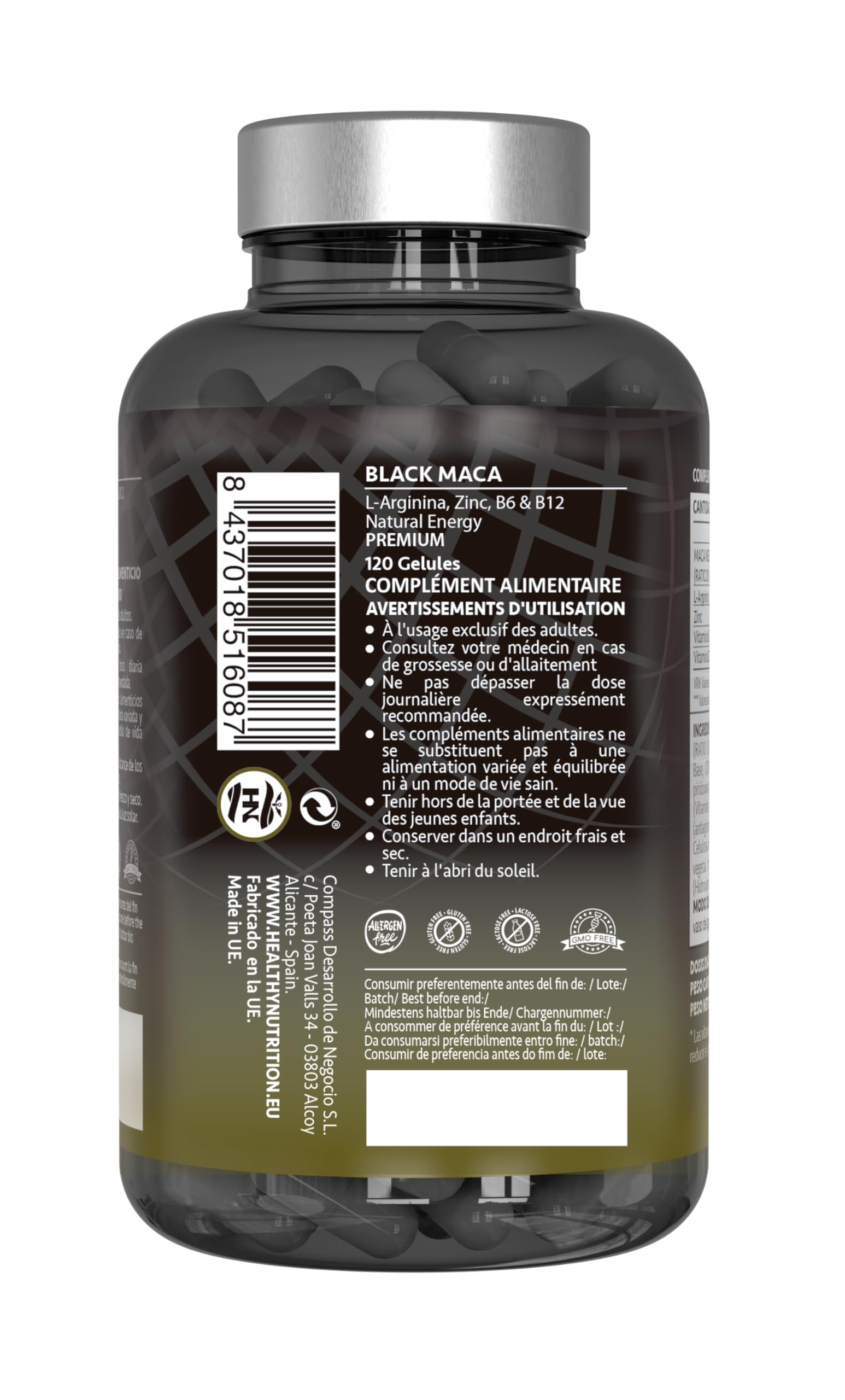 Maca Noire Extra Forte 24000mg - 120 Gelules - Extrait de Maca Noir 20:1 Améliore la Performance homme et femme Macca L-Arginine, Zinc, Vitamine B6 et B12 pour combat la fatigue et le stress Oxydant