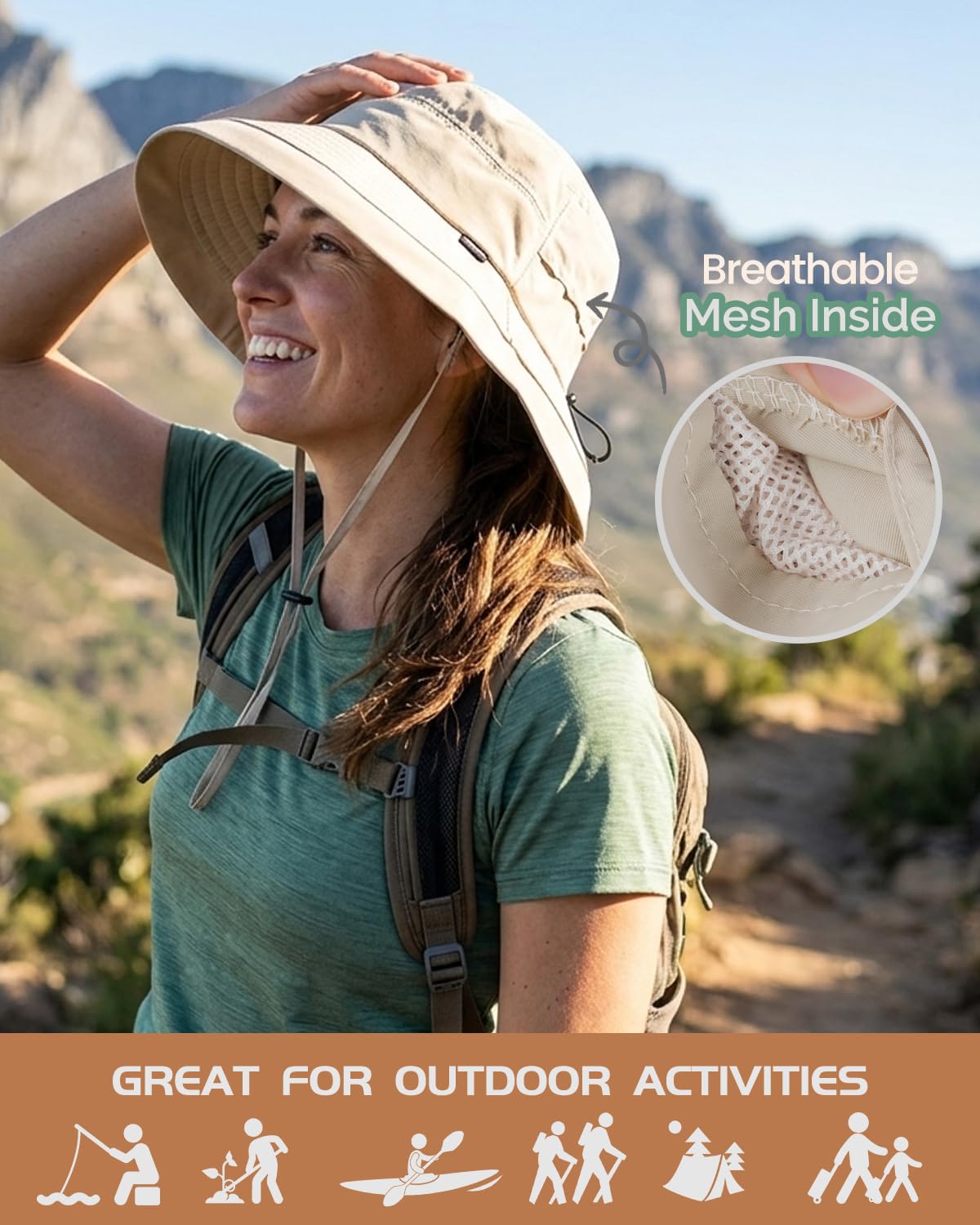 Creekstone Chapeau cloche imperméable pour femme UPF50+ à large bord, pliable, léger, pour randonnée, voyage en plein air