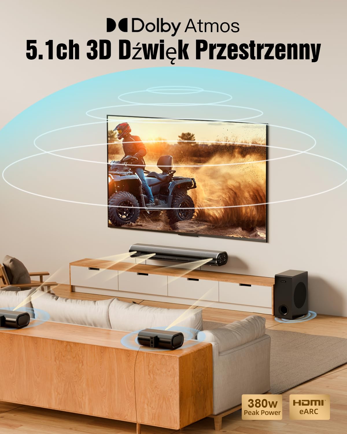 Hiwill 5.1CH Soundbar do telewizora, Dolby Atmos Surround Sound System, 2 przewodowe głośniki surround, 5,25" Subwoofer Soundbar do telewizora, Czysty Dźwięk, 380W Moc Szczytowa, HiElite A51