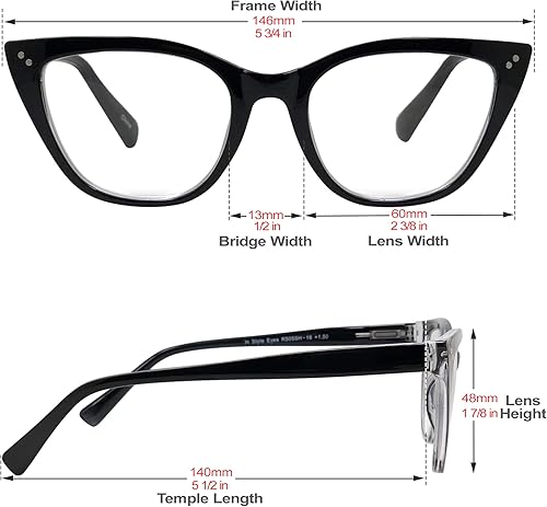 Miniatura 7 de In Style Eyes Elegantes lentes de lectura, borde completo, marco clásico grande de ojo de gato, sin receta, lente de aumento completo, color negro,
