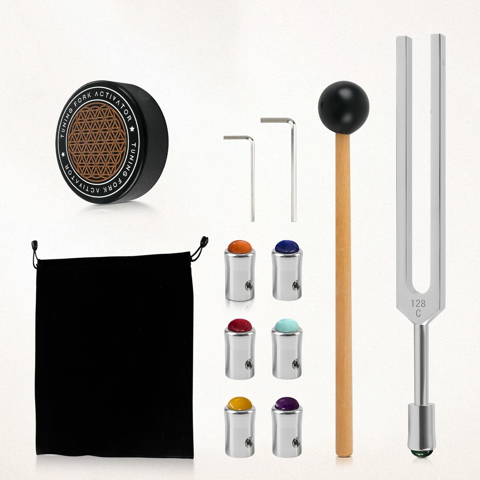 Stimmgabeln zur Heilung, 128 Hz, 1 körpergewichtete Chakra-Stimmgabel mit 7 Kristall-Edelstein-Stiefel, Schlägel und Aktivator für Meditation, Klangtherapie, Biofeld-Harmonisierung
