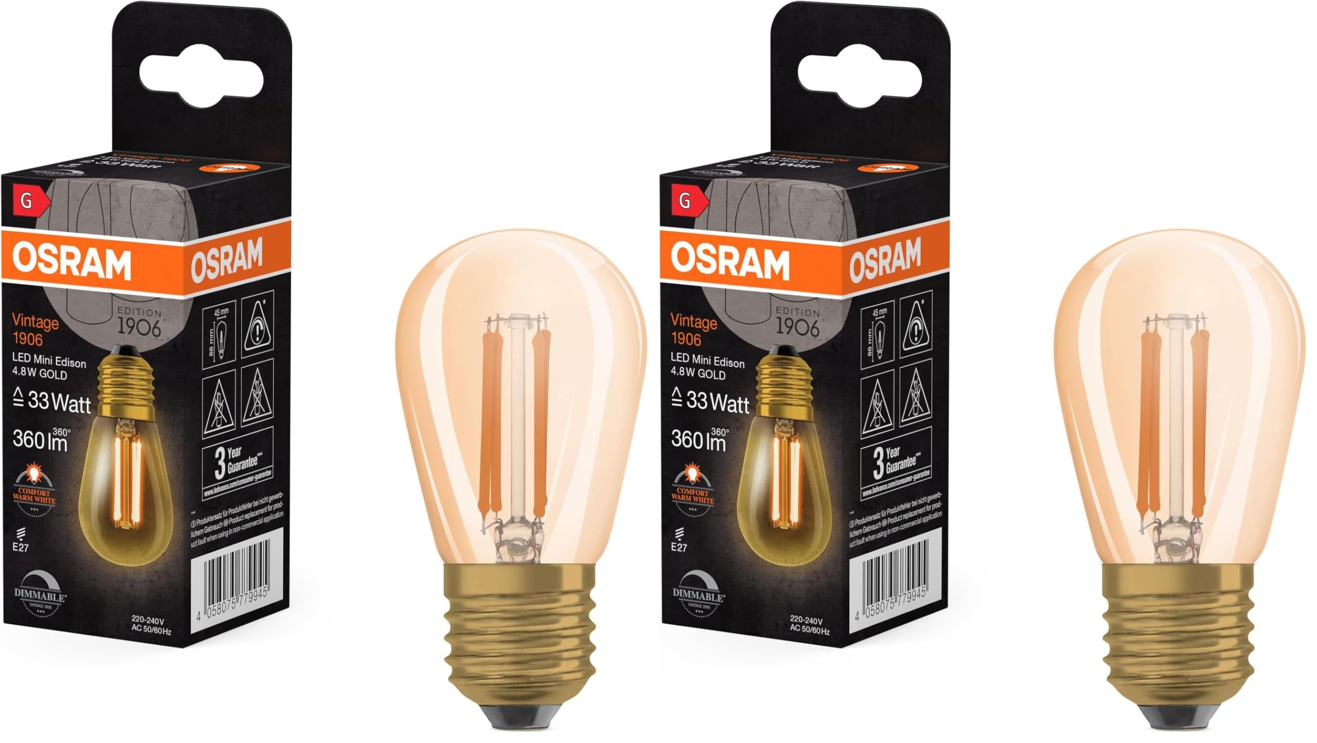 Osram LED-Lampe Vintage Edition 1906, in Edison Form mit E27-Sockel, Dimmbar, Ersetzt 51 Watt, Klar, Warmweiß - 2400 Kelvin, 1er-Pack (Packung mit 2)