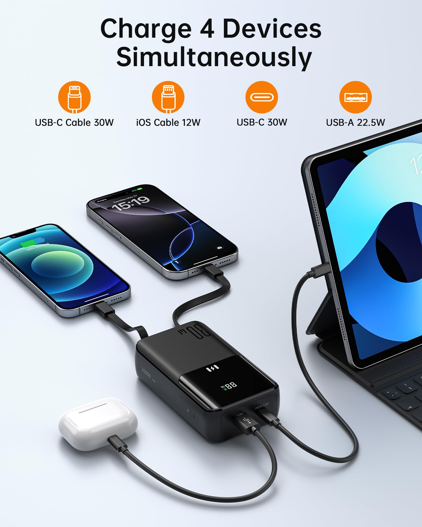 Selore&S-Global Power Bank, 20000mAh 30W Bateria Externa Carga Rapida, Cargador Portátil con Cable Integrado, 4 Outputs, USB C Powerbank Compatible con iPhone 17 16 15 14 13 Samsung iPad MacBook Air