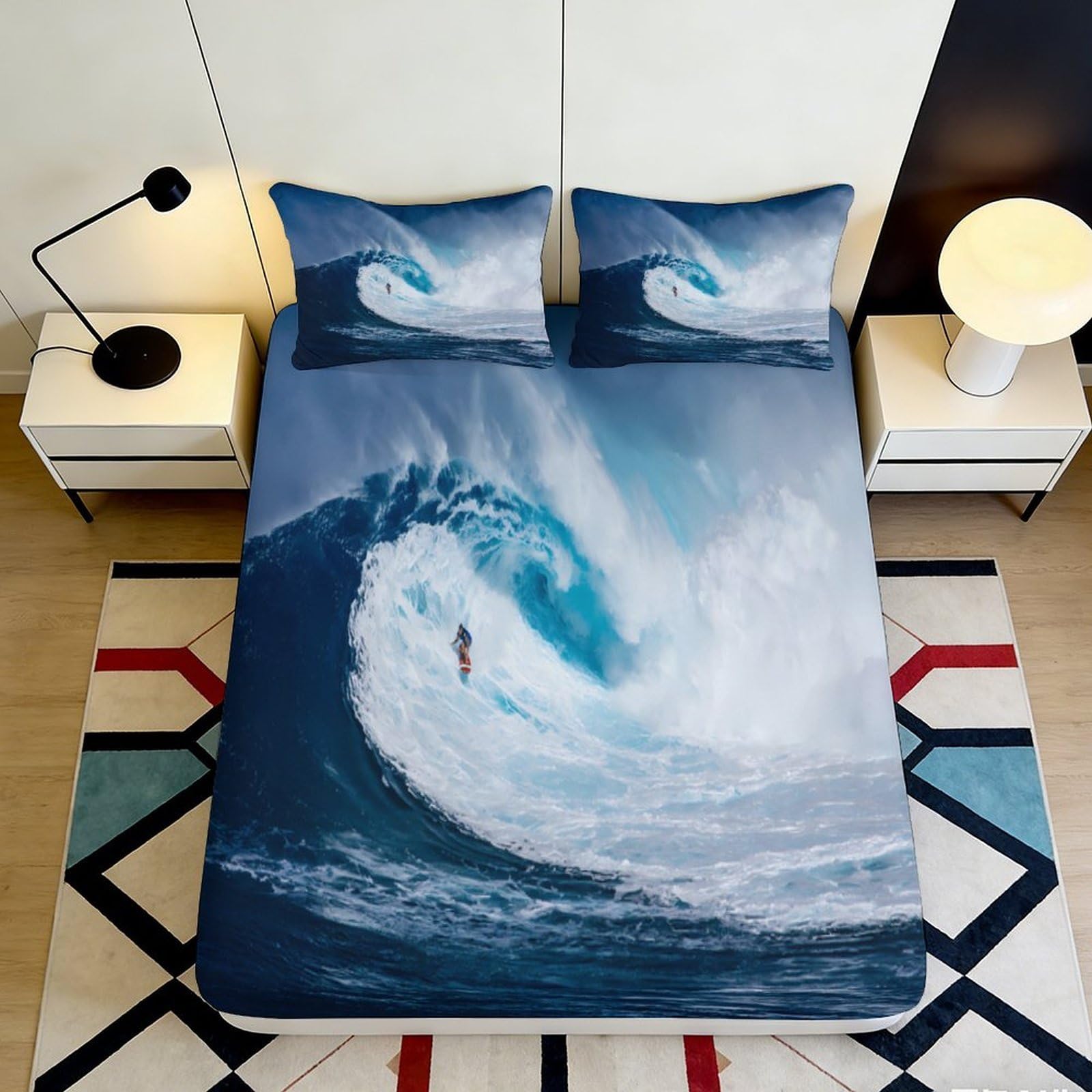 3D Printed Ocean Wave Fitted Sheet Microfiber Soft Blue Surfing Mattress Cover Bedroom Dorm Decor Easy Care 90x200x25cm