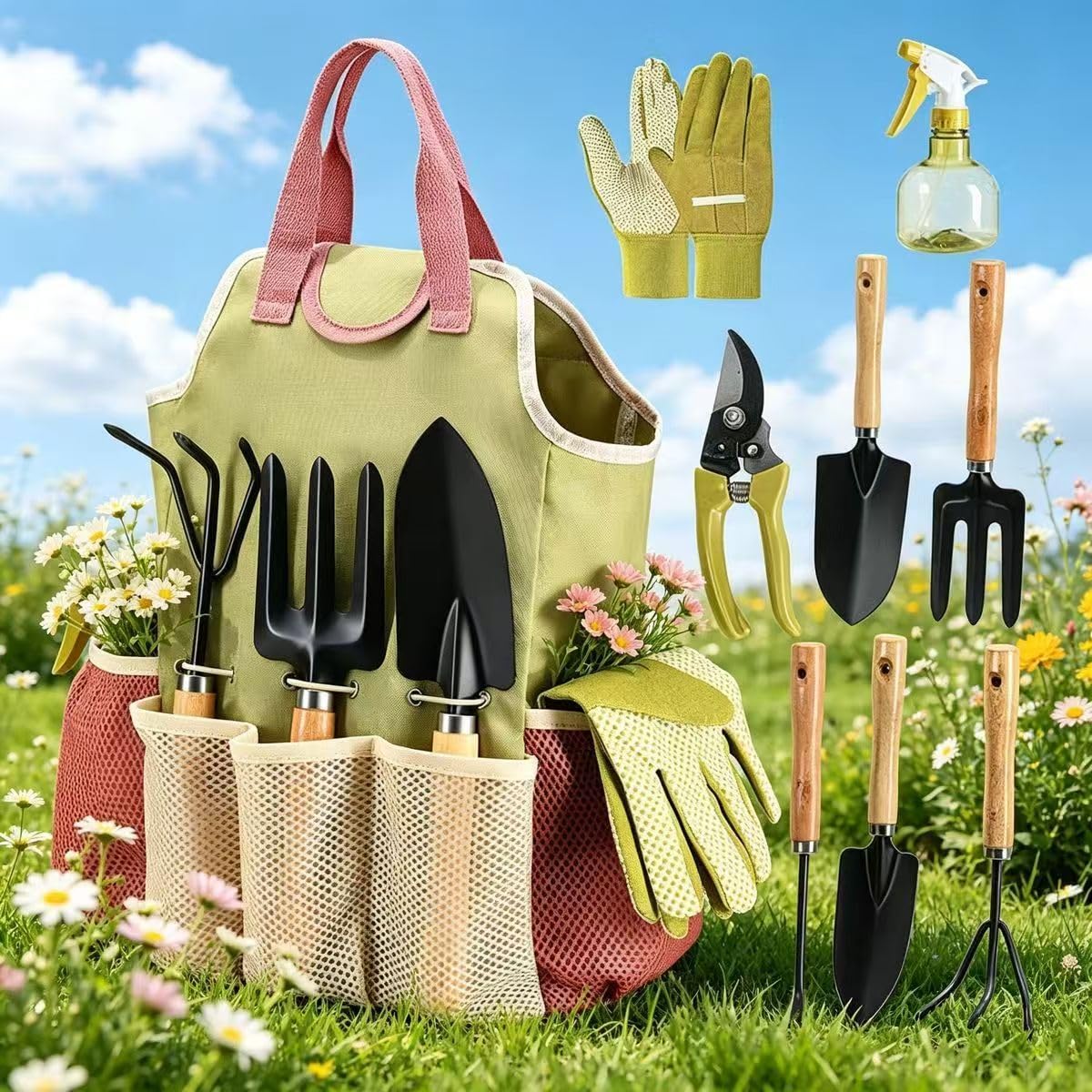 Juego de 9 herramientas de jardín: mangos de madera, cuchillo de hierro, rastrillo, sable, guantes, pulverizador, uso doméstico para cultivo de flores y verduras, cesta de almacenamiento